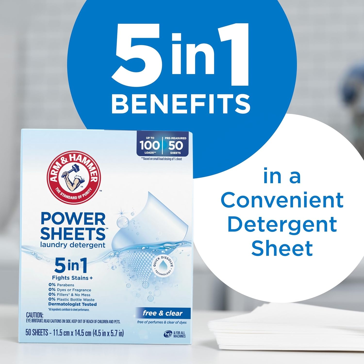 image:imageARM amp HAMMER 5in1 Power Sheets Laundry Detergent Free amp Clear 50 Count up to 100 Small LoadsFragrance Free