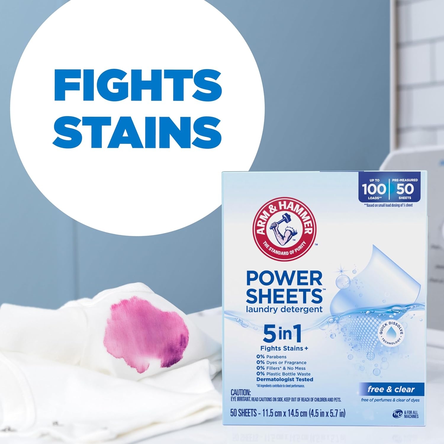 image:imageARM amp HAMMER 5in1 Power Sheets Laundry Detergent Free amp Clear 50 Count up to 100 Small LoadsFragrance Free