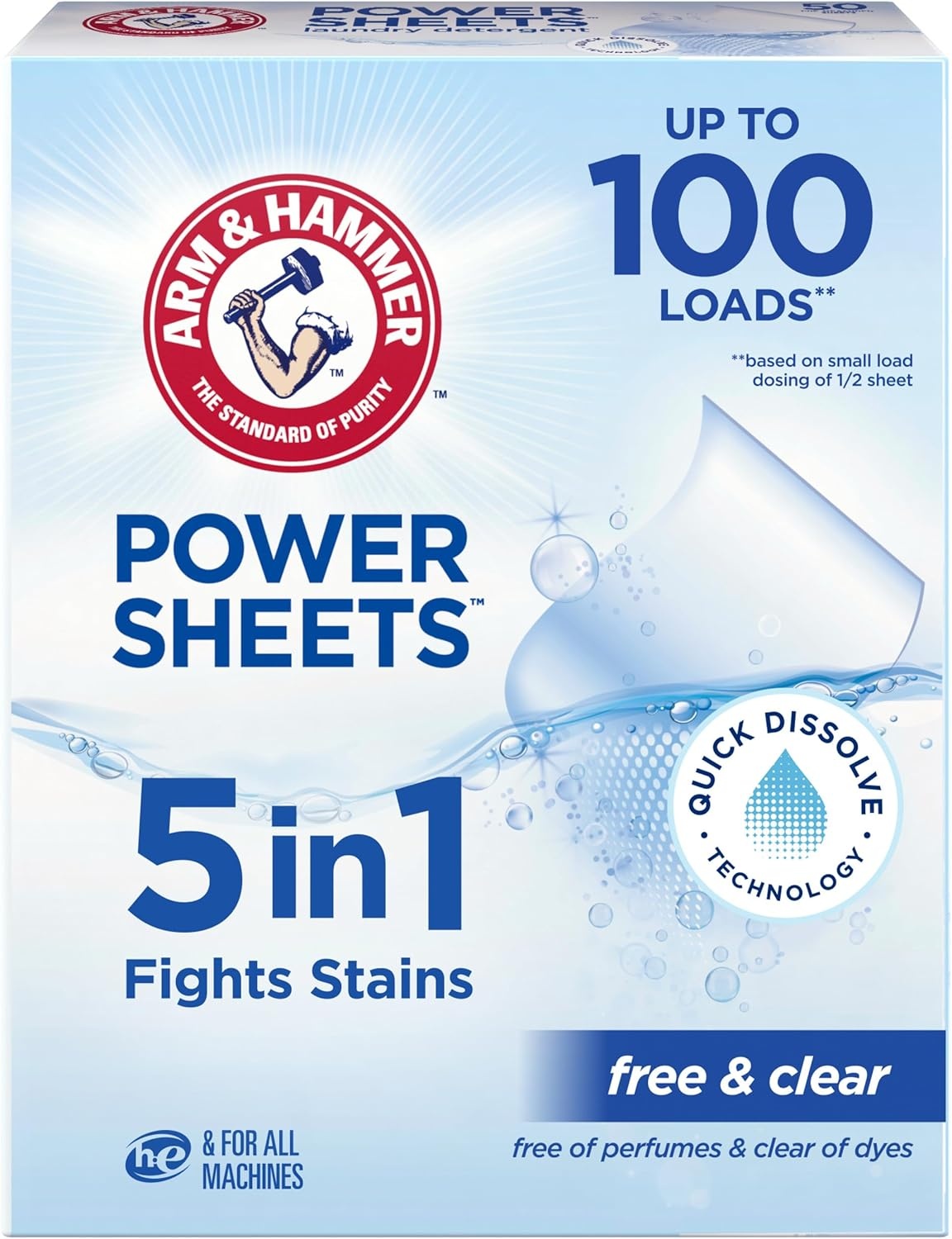 image:imageARM amp HAMMER 5in1 Power Sheets Laundry Detergent Free amp Clear 50 Count up to 100 Small LoadsFragrance Free