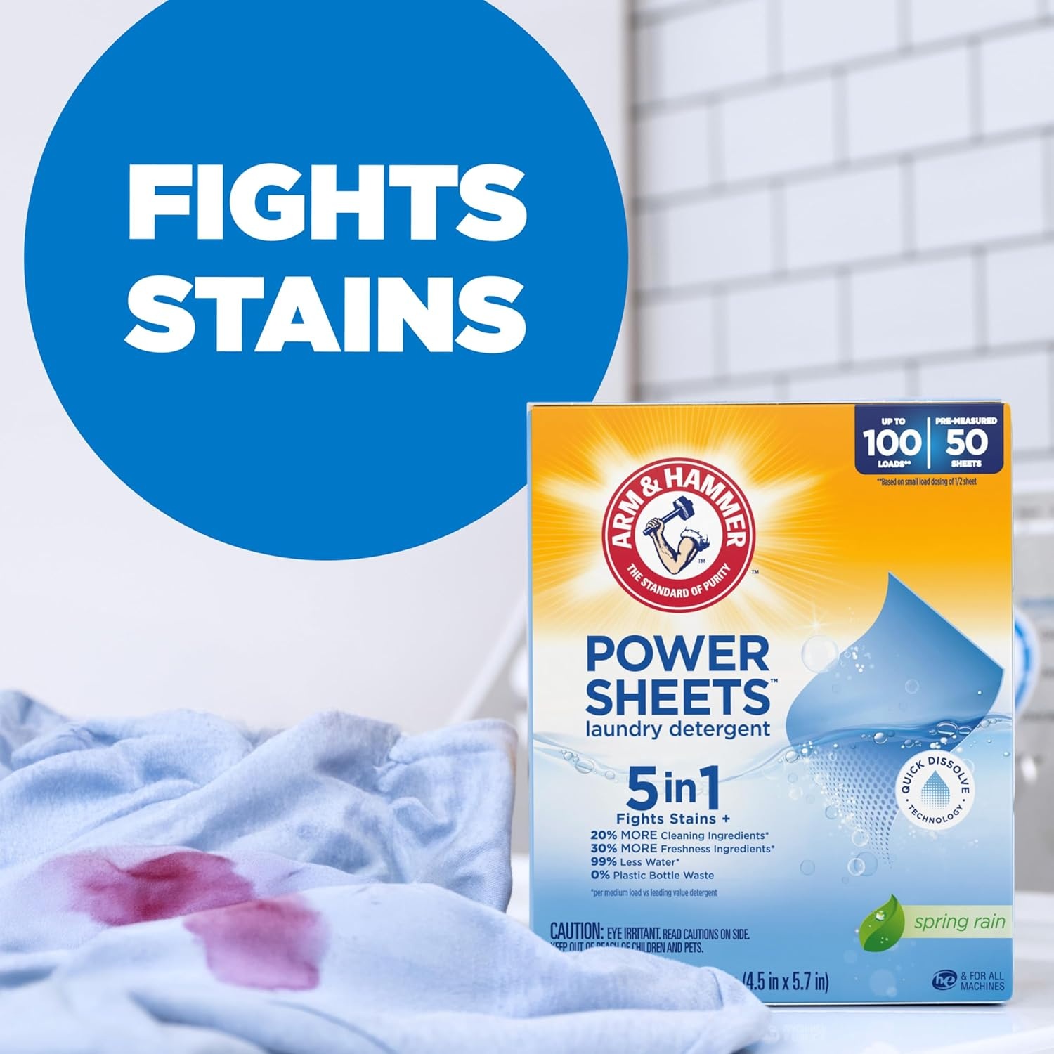 image:imageARM amp HAMMER 5in1 Power Sheets Laundry Detergent Free amp Clear 50 Count up to 100 Small LoadsSpring Rain