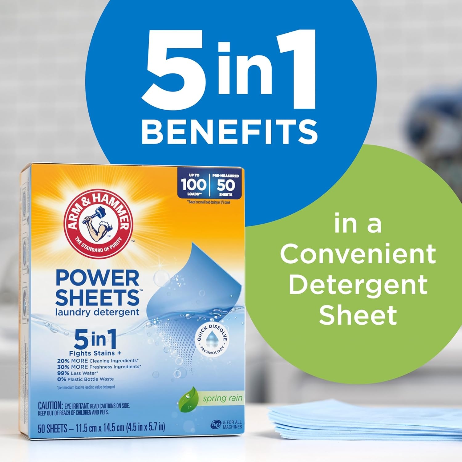 image:imageARM amp HAMMER 5in1 Power Sheets Laundry Detergent Free amp Clear 50 Count up to 100 Small LoadsSpring Rain