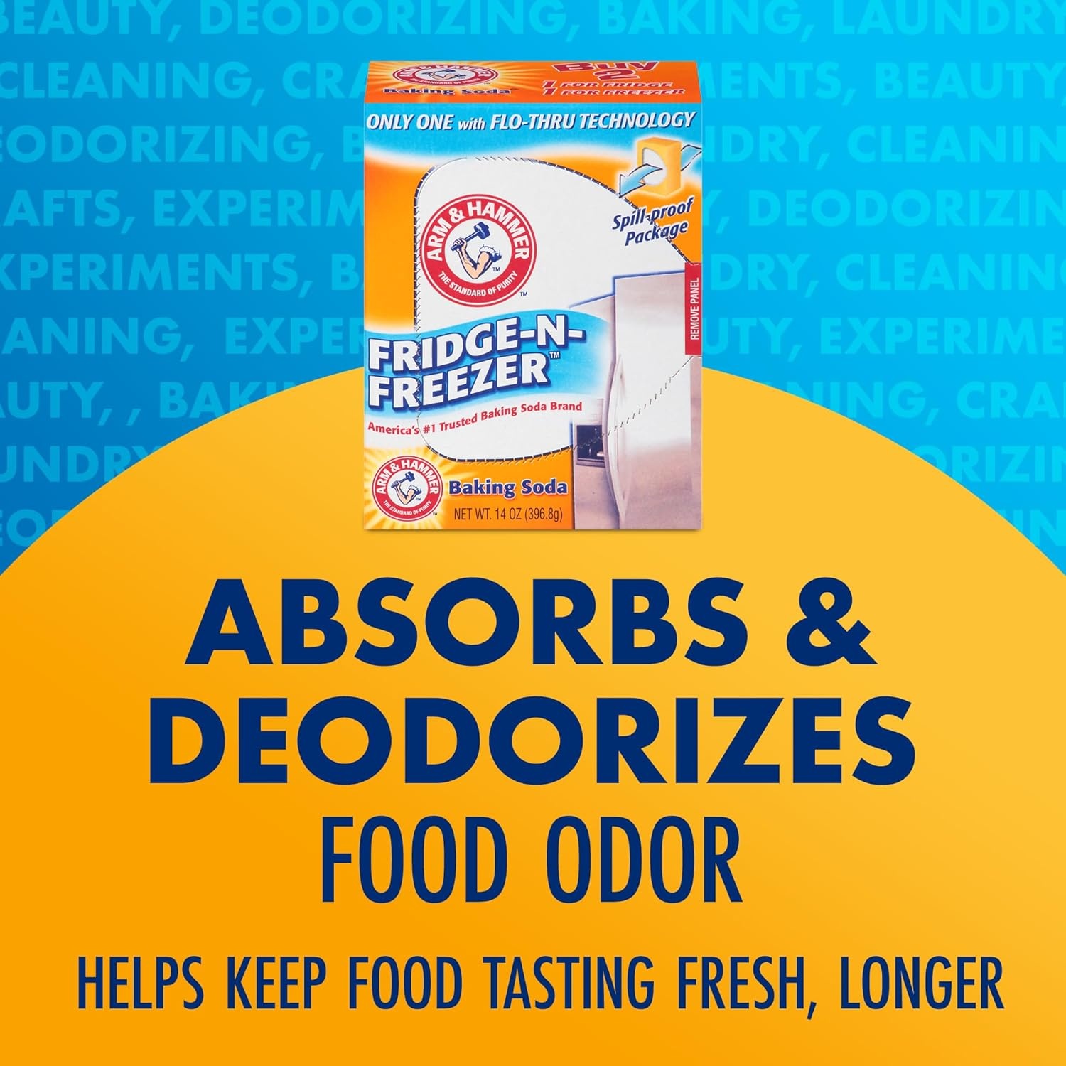 image:imageARM amp HAMMER FridgenFreezer Baking Soda Odor Absorber Helps Keep Food Tasting Fresh LongLasting Natural amp Unscented Deodorizer for Kitchen amp Home 14 Oz 12 Pack14 Ounce Pack of 12