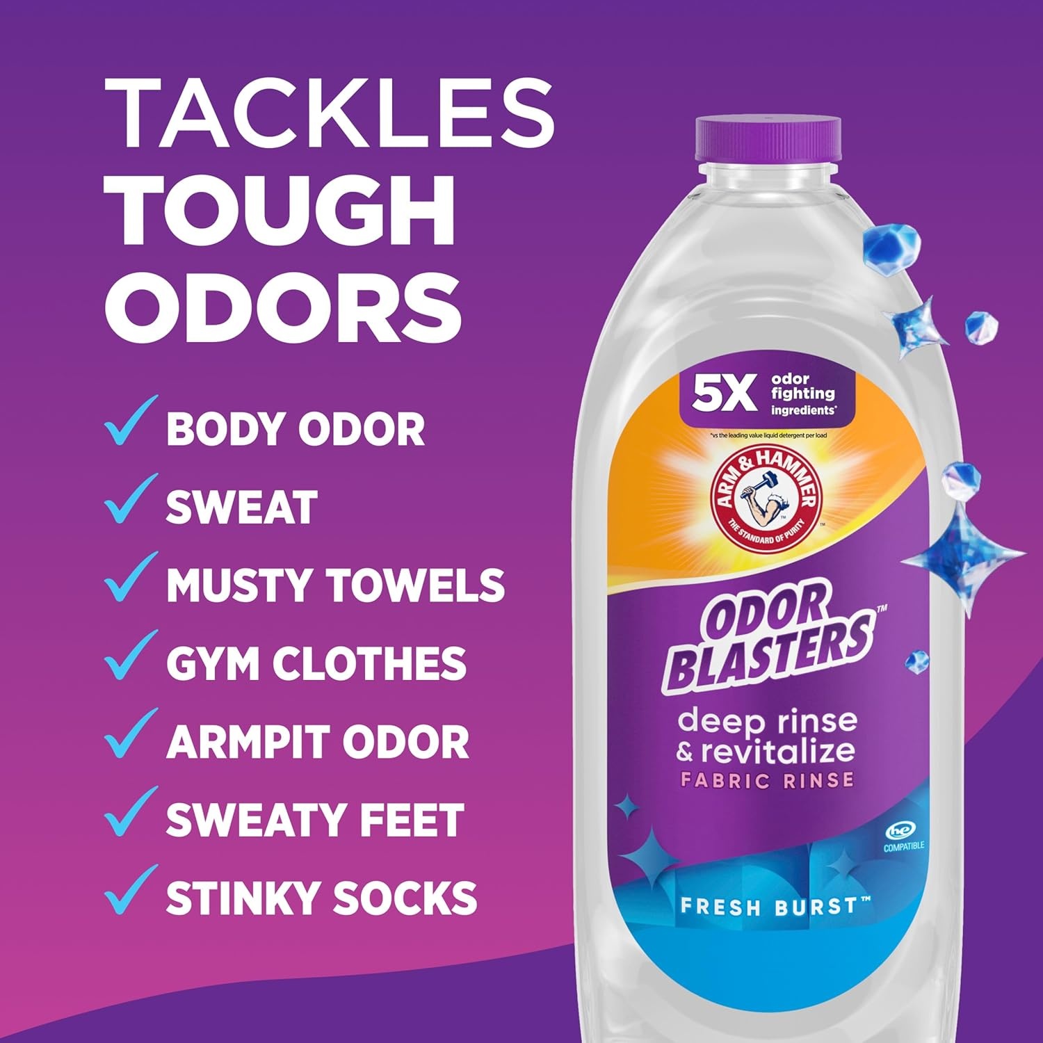image:imageARM amp HAMMER Odor Blasters Deep Rinse and Revitalize Fabric Rinse Laundry Additive Eliminates Sweat and Musty Odors Fresh Burst Scent 50 fl oz