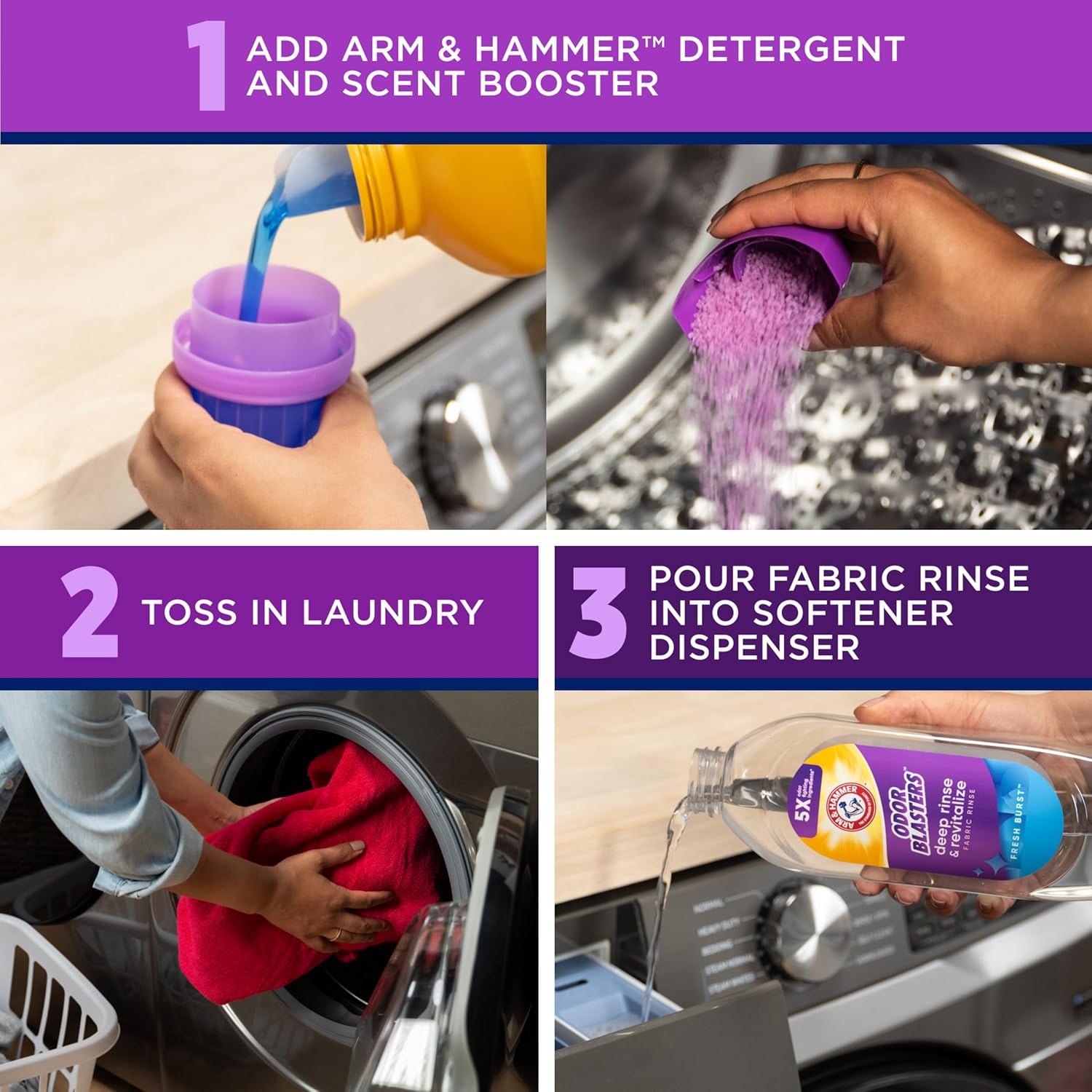 image:imageARM amp HAMMER Odor Blasters Deep Rinse and Revitalize Fabric Rinse Laundry Additive Eliminates Sweat and Musty Odors Fresh Burst Scent 50 fl oz