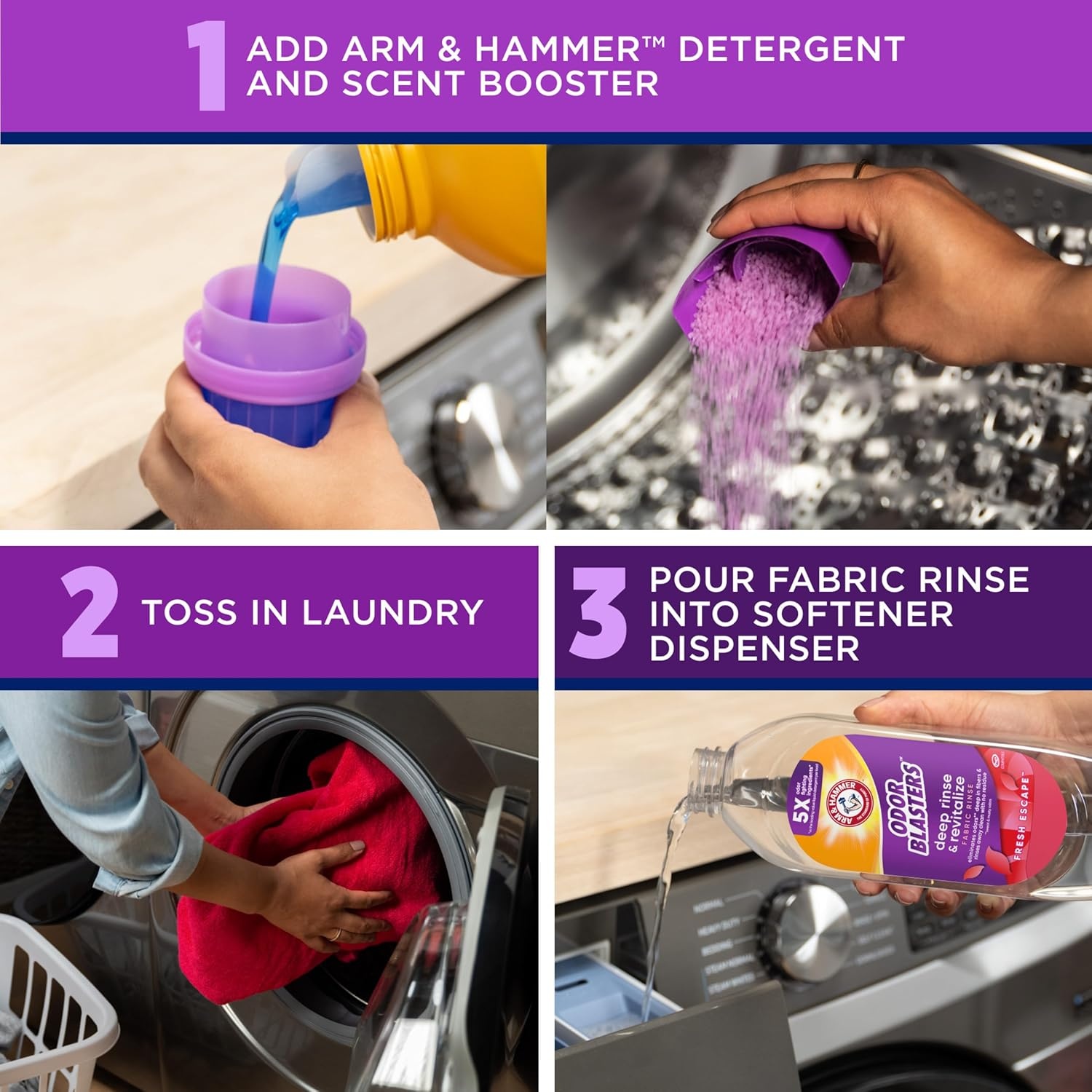 image:imageARM amp HAMMER Odor Blasters Deep Rinse and Revitalize Fabric Rinse Laundry Additive Eliminates Sweat and Musty Odors Fresh Escape Scent 50 fl oz