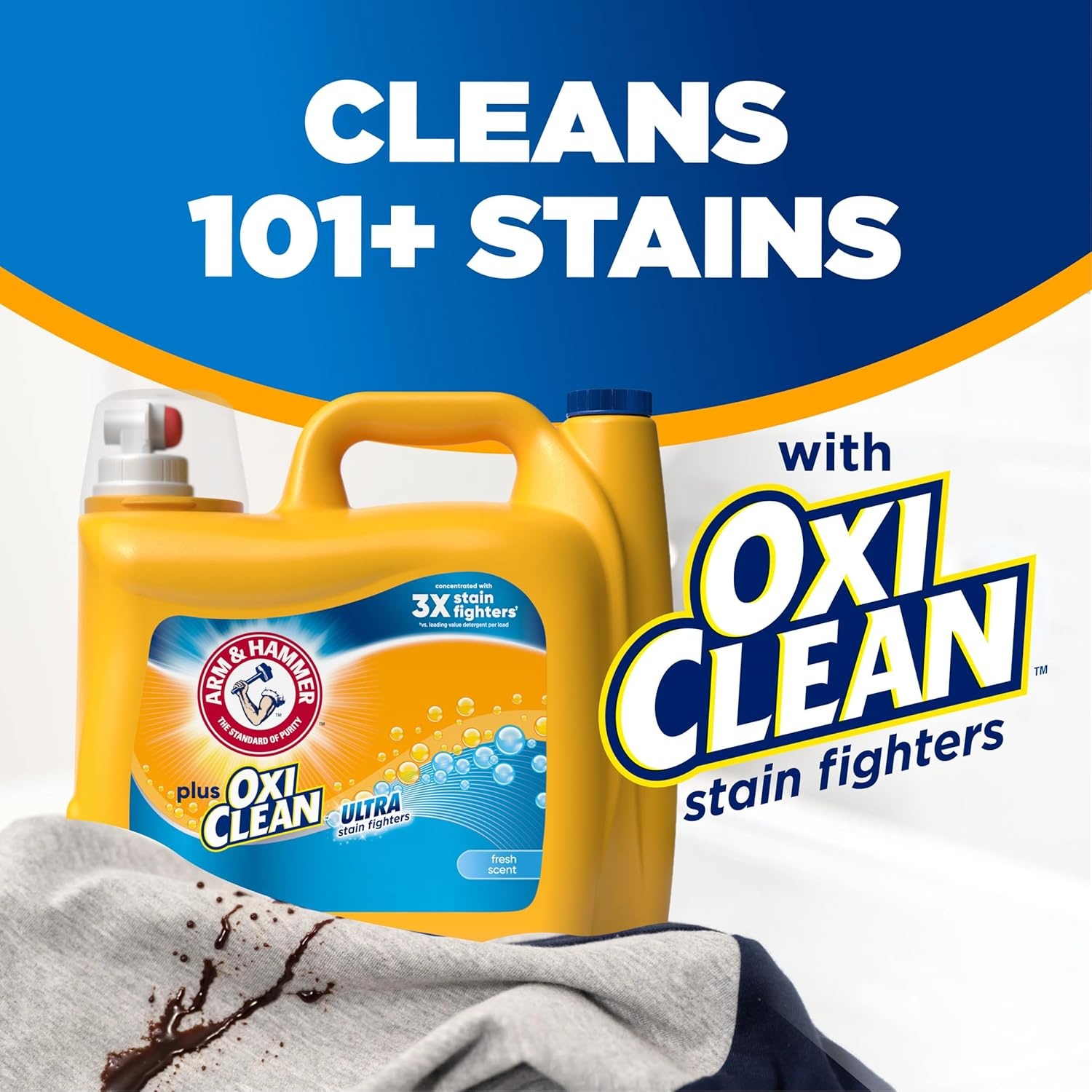 image:imageARM amp HAMMER Plus OxiClean Ultra Stain Fighters Liquid Laundry Detergent Stain Remover for Clothes Clean Meadow 74 Loads 962 fl ozFresh Scent