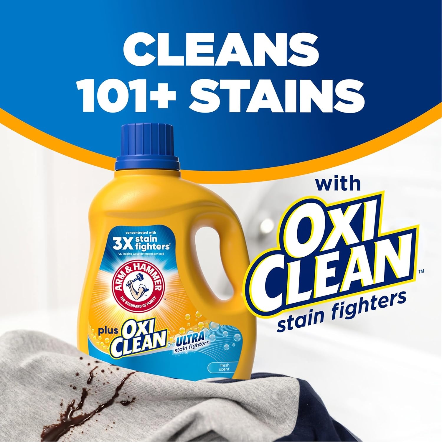 image:imageARM amp HAMMER Plus OxiClean Ultra Stain Fighters Liquid Laundry Detergent Stain Remover for Clothes Clean Meadow 74 Loads 962 fl ozFresh Scent