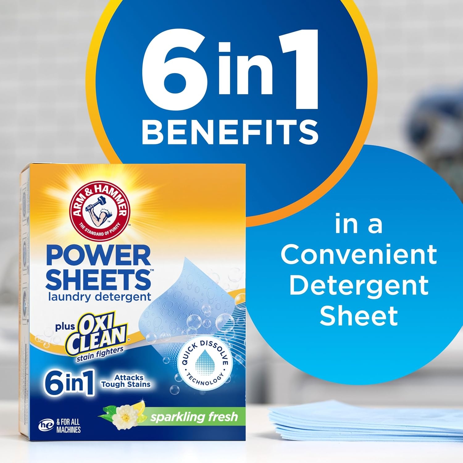 image:imageARM amp HAMMER Power Sheets Laundry Detergent Plus OxiClean Stain Fighters 6in1 Sparkling Fresh Scent 42 Count 84 Medium Loads