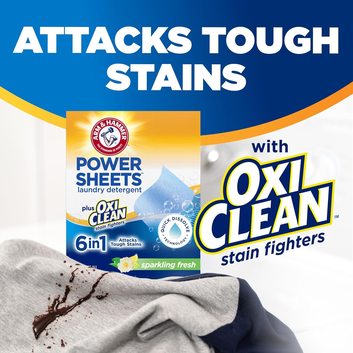 image:imageARM amp HAMMER Power Sheets Laundry Detergent Plus OxiClean Stain Fighters 6in1 Sparkling Fresh Scent 42 Count 84 Medium Loads