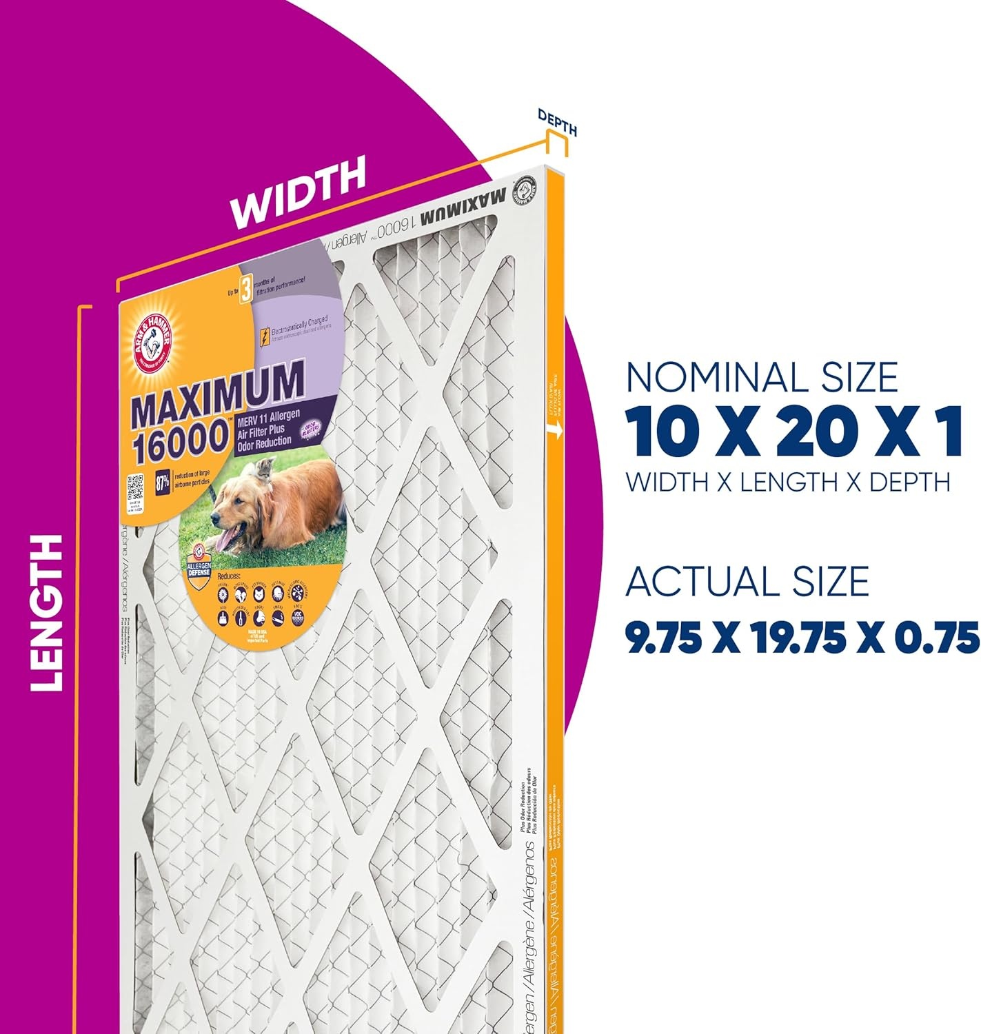 image:imageArm amp Hammer 20x30x1 Air Filter 4Pack Merv 11 Maximum Allergen amp Odor Reduction Contains Pure Baking Soda Electrostatic HVAC AC Furnace Made in USA Actual Size 1975 x 2975 x 07598 x 198 x 08