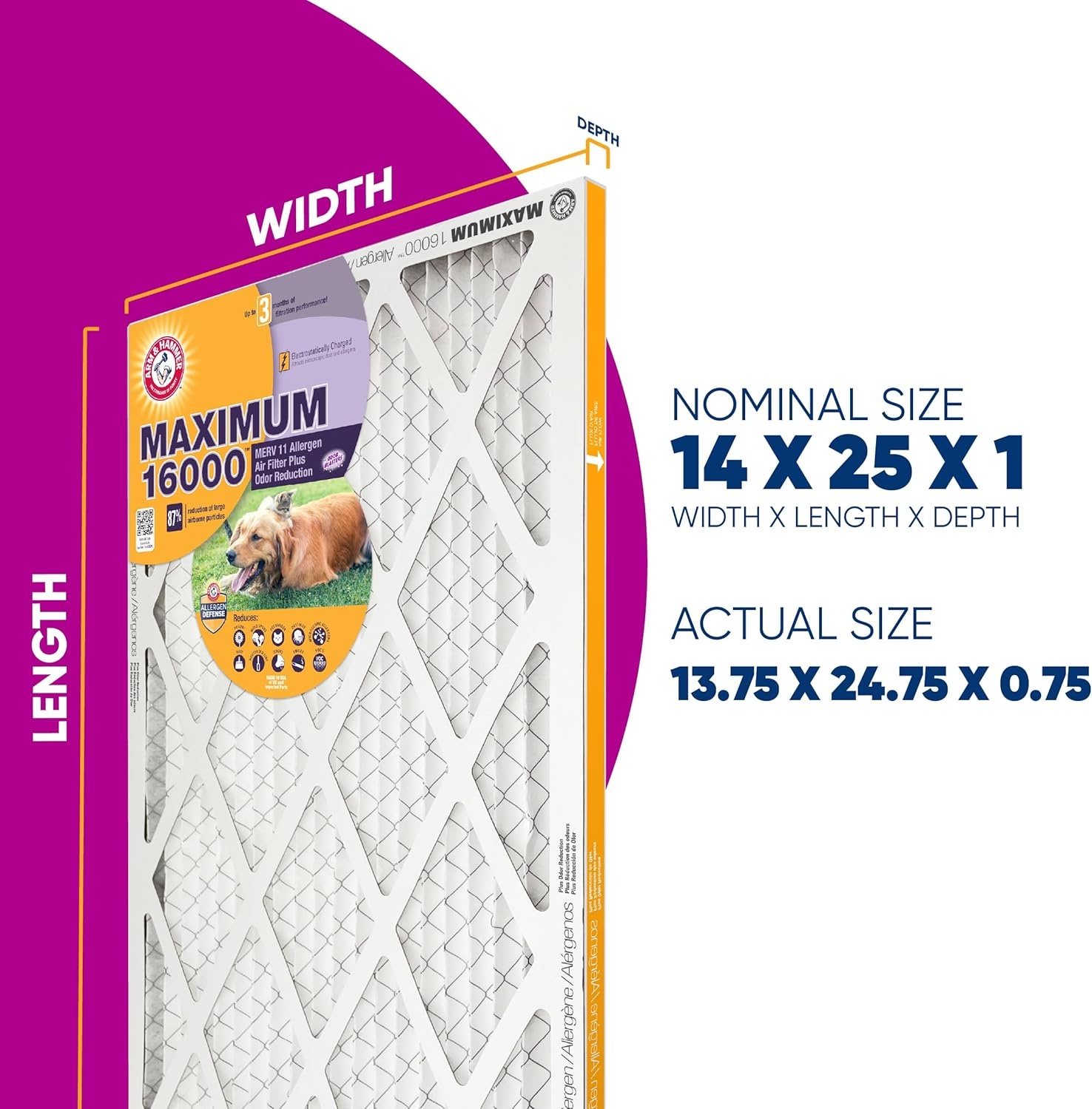 image:imageArm amp Hammer 20x30x1 Air Filter 4Pack Merv 11 Maximum Allergen amp Odor Reduction Contains Pure Baking Soda Electrostatic HVAC AC Furnace Made in USA Actual Size 1975 x 2975 x 07514x25x1