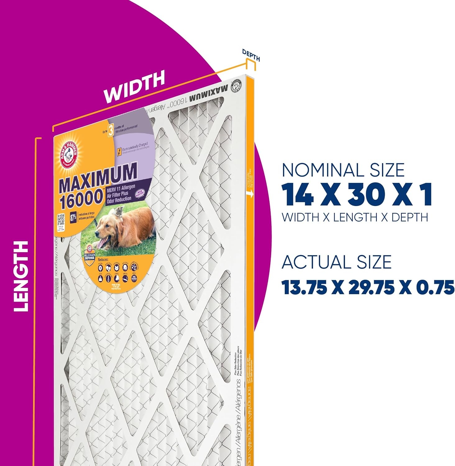 image:imageArm amp Hammer 20x30x1 Air Filter 4Pack Merv 11 Maximum Allergen amp Odor Reduction Contains Pure Baking Soda Electrostatic HVAC AC Furnace Made in USA Actual Size 1975 x 2975 x 075138 x 298 x 08