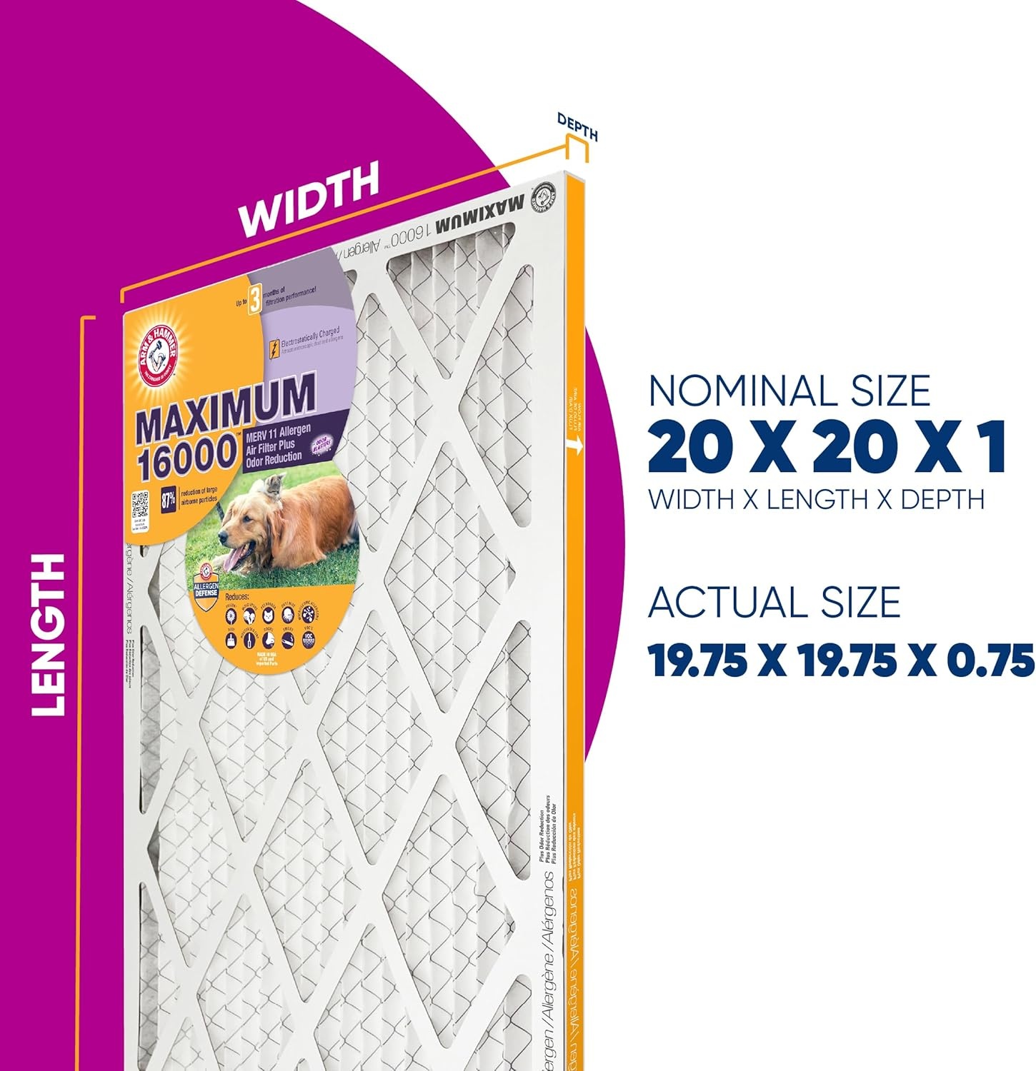 image:imageArm amp Hammer 20x30x1 Air Filter 4Pack Merv 11 Maximum Allergen amp Odor Reduction Contains Pure Baking Soda Electrostatic HVAC AC Furnace Made in USA Actual Size 1975 x 2975 x 075198 x 198 x 08