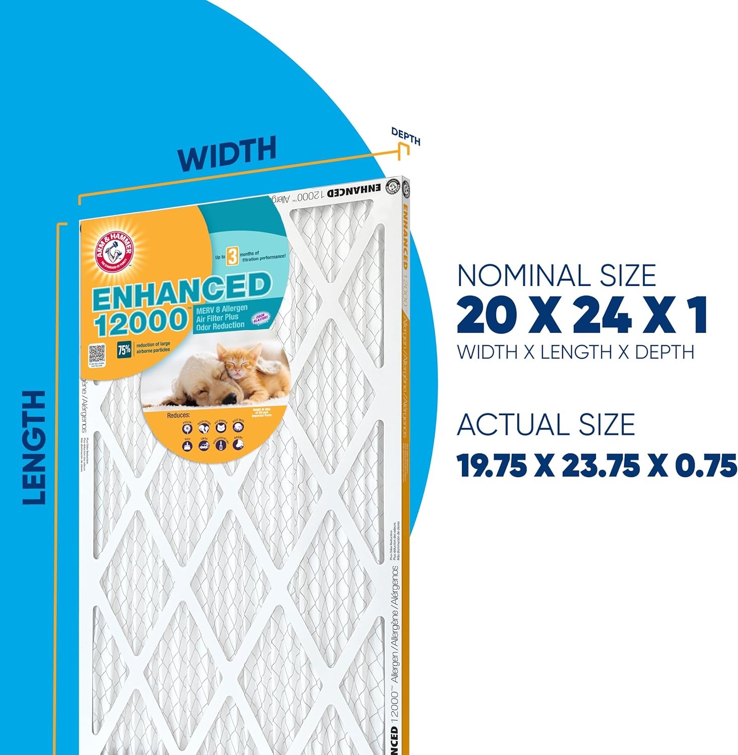 image:imageArm amp Hammer 20x30x1 Air Filter 4Pack Merv 8 Enhanced Allergen Pet Fresh Odor Reduction Contains Pure Baking Soda HVAC AC Furnace Made in USA Actual Size 1975 x 2975 x 07520x24x1