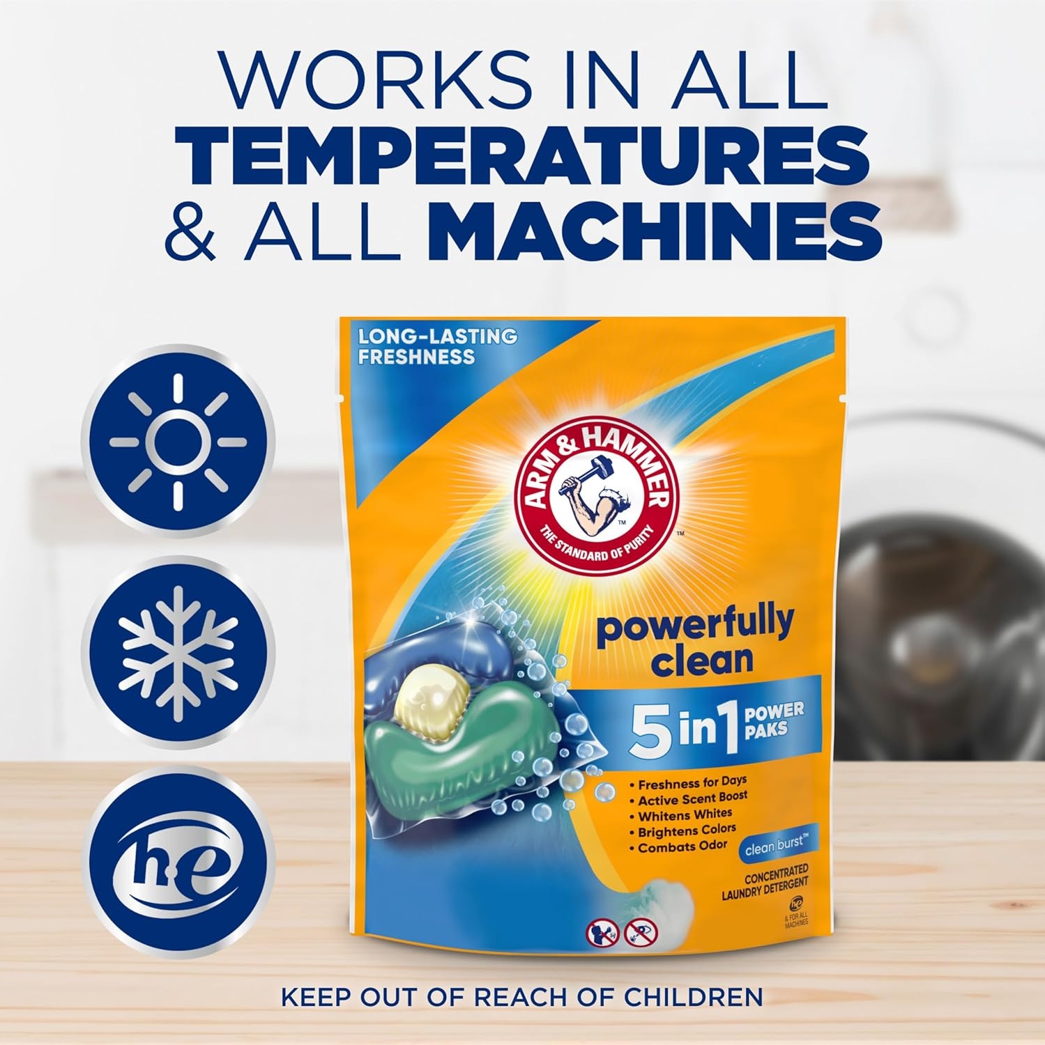 image:imageArm amp Hammer Clean Burst 5in1 Laundry Detergent Power Paks High Efficieny HE 42 CountClean Burst