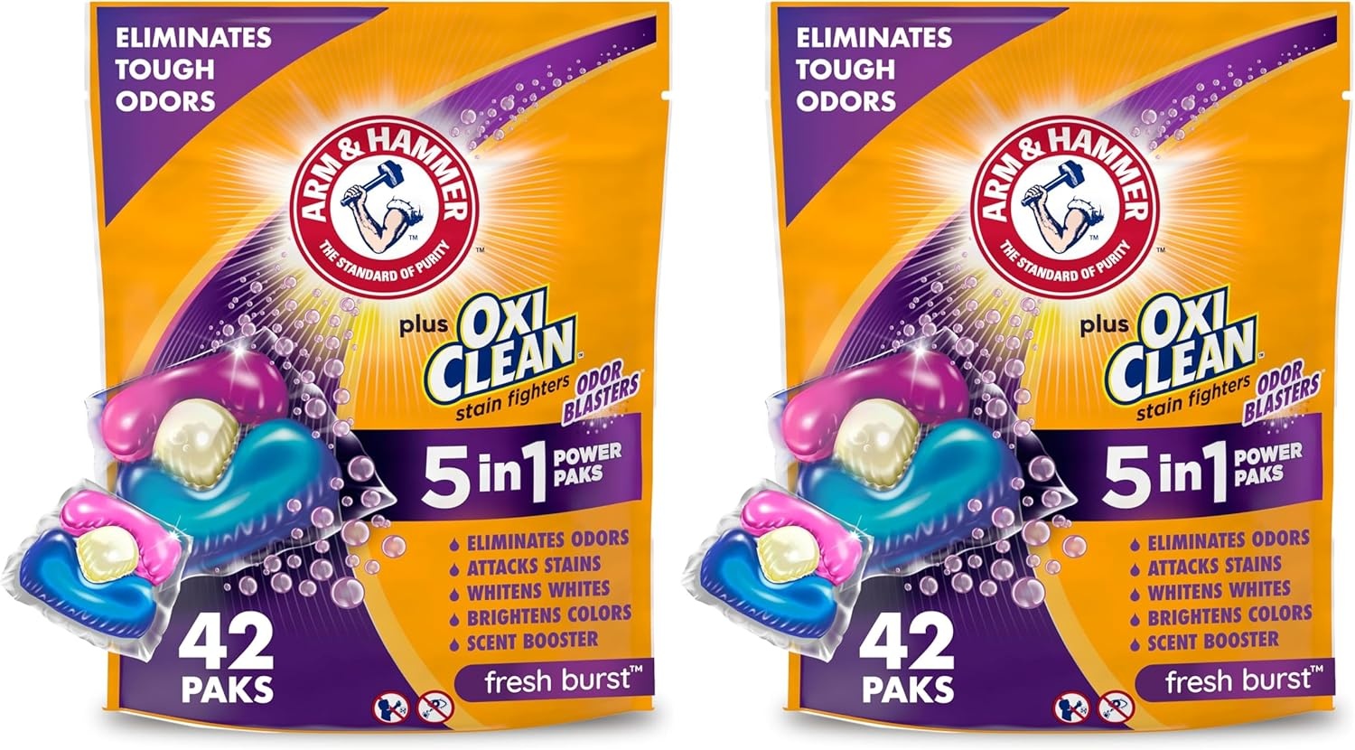 image:imageArm amp Hammer Plus OxiClean With Odor Blasters Laundry Detergent 5IN1 Power Paks 42CT Packaging may varyFresh Burst