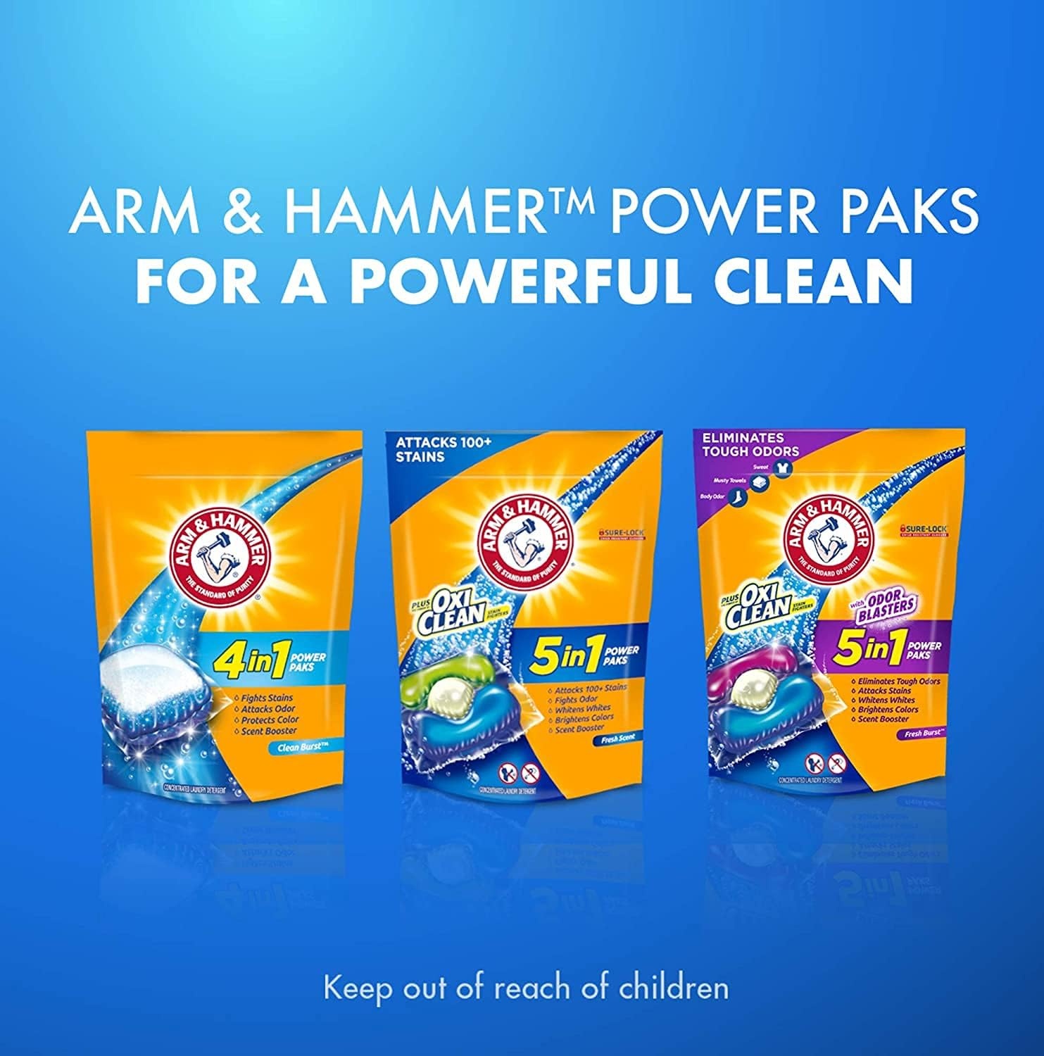 image:imageArm amp Hammer Plus OxiClean With Odor Blasters Laundry Detergent 5IN1 Power Paks 42CT Packaging may varyFresh Burst