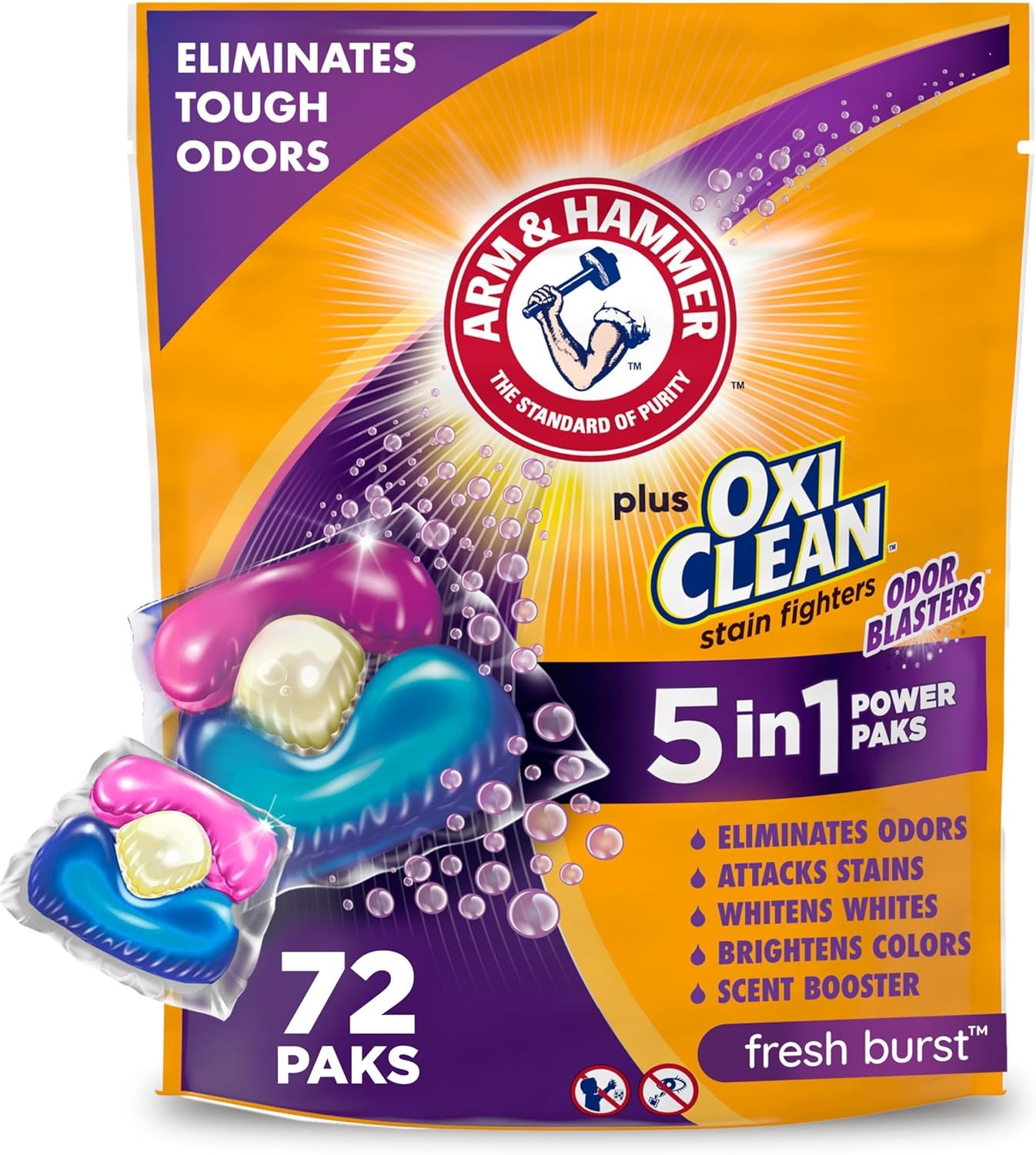 image:imageArm amp Hammer Plus OxiClean With Odor Blasters Laundry Detergent 5IN1 Power Paks 42CT Packaging may varyFresh Burst