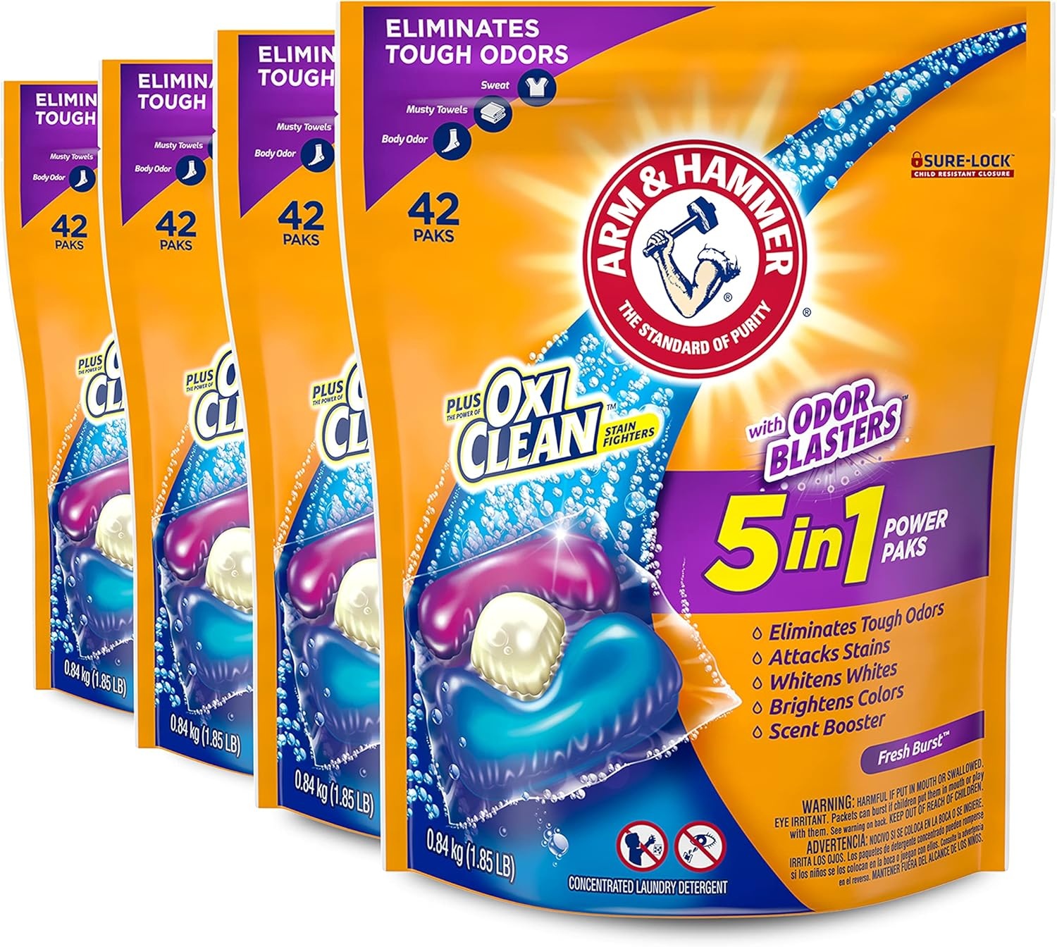 image:imageArm amp Hammer Plus OxiClean With Odor Blasters Laundry Detergent 5IN1 Power Paks 42CT Packaging may varyFresh Burst
