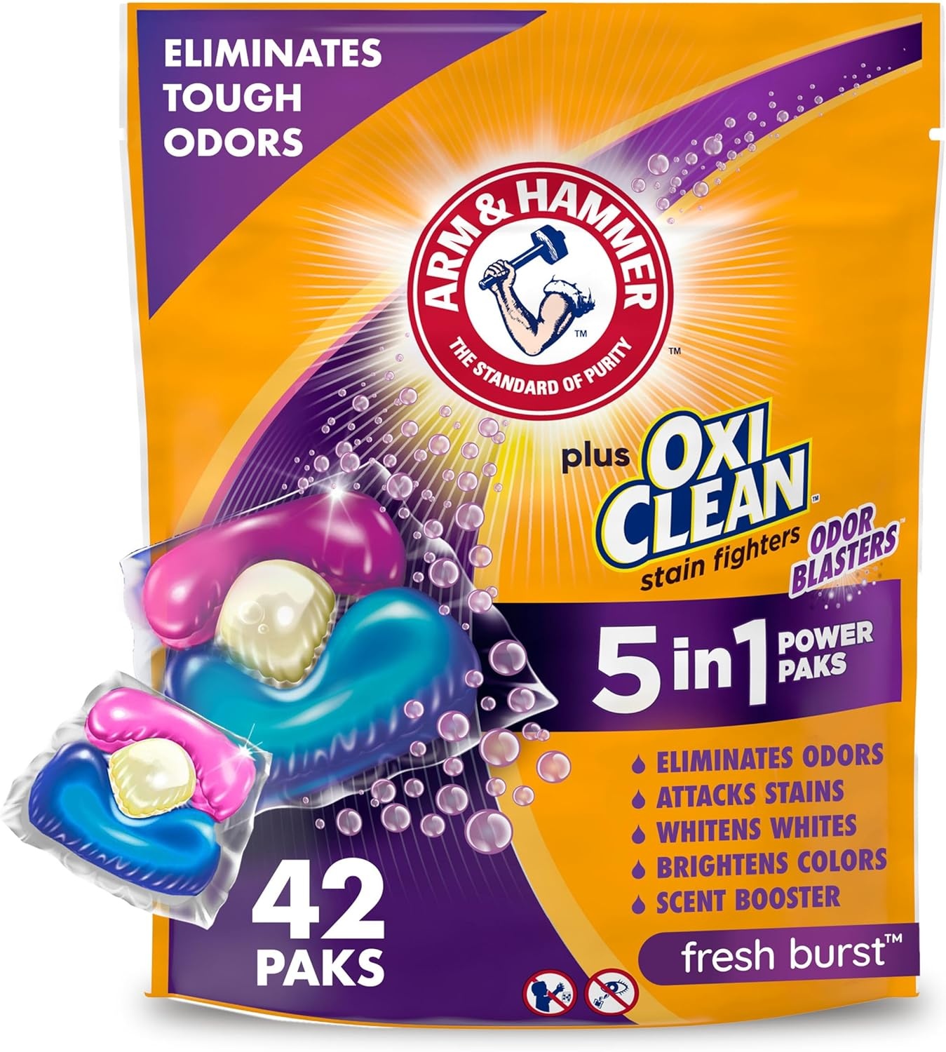 image:imageArm amp Hammer Plus OxiClean With Odor Blasters Laundry Detergent 5IN1 Power Paks 42CT Packaging may varyFresh Burst