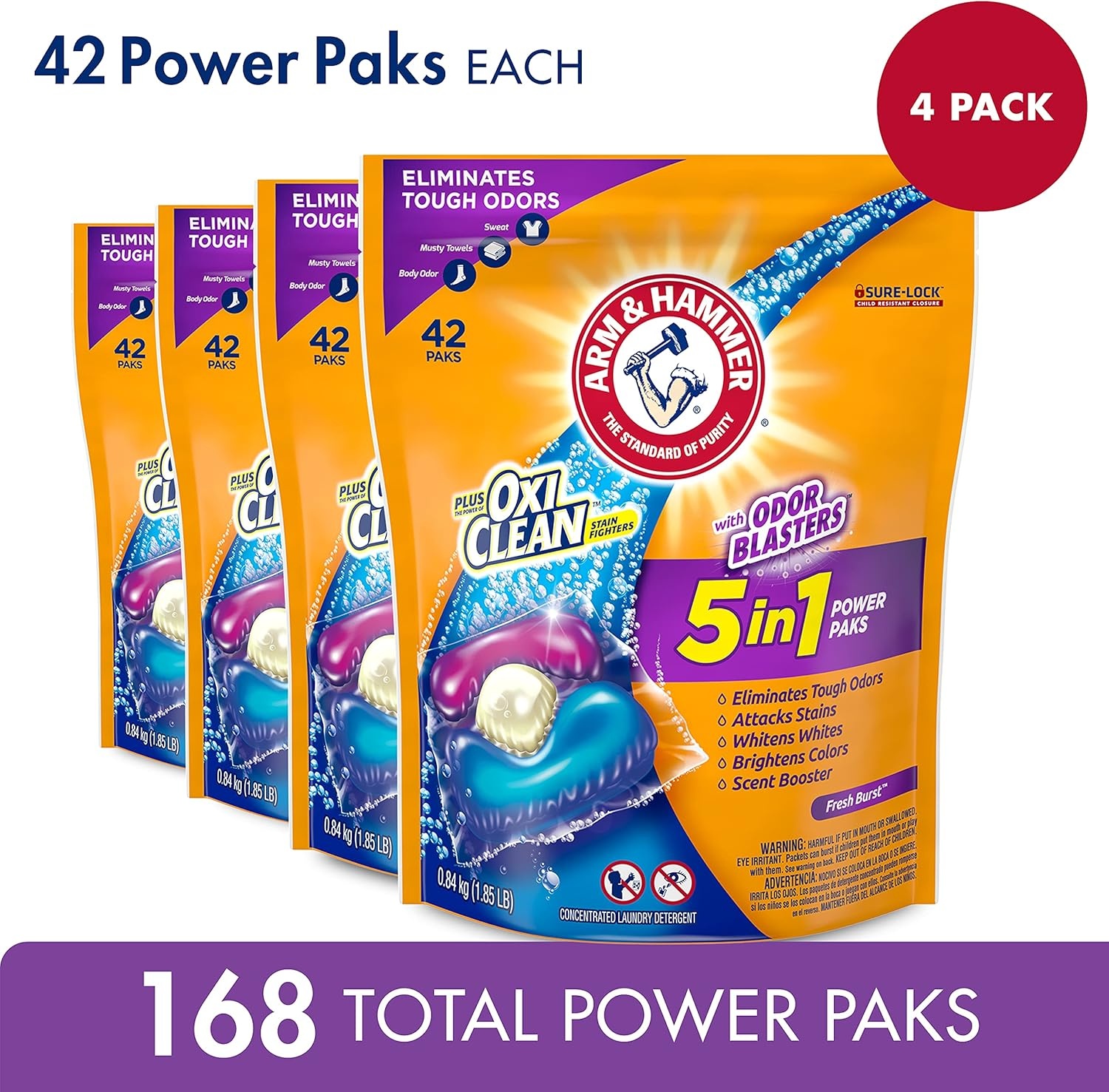 image:imageArm amp Hammer Plus OxiClean With Odor Blasters Laundry Detergent 5IN1 Power Paks 42CT Packaging may varyFresh Burst