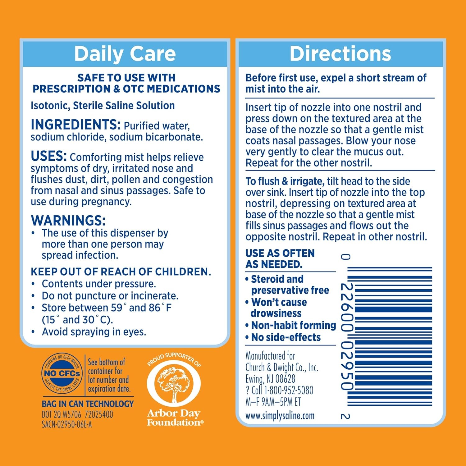 image:imageArm amp Hammer Simply Saline Daily Care Nasal Mist 44oz Saline Nasal Spray DrugFree 2Pack