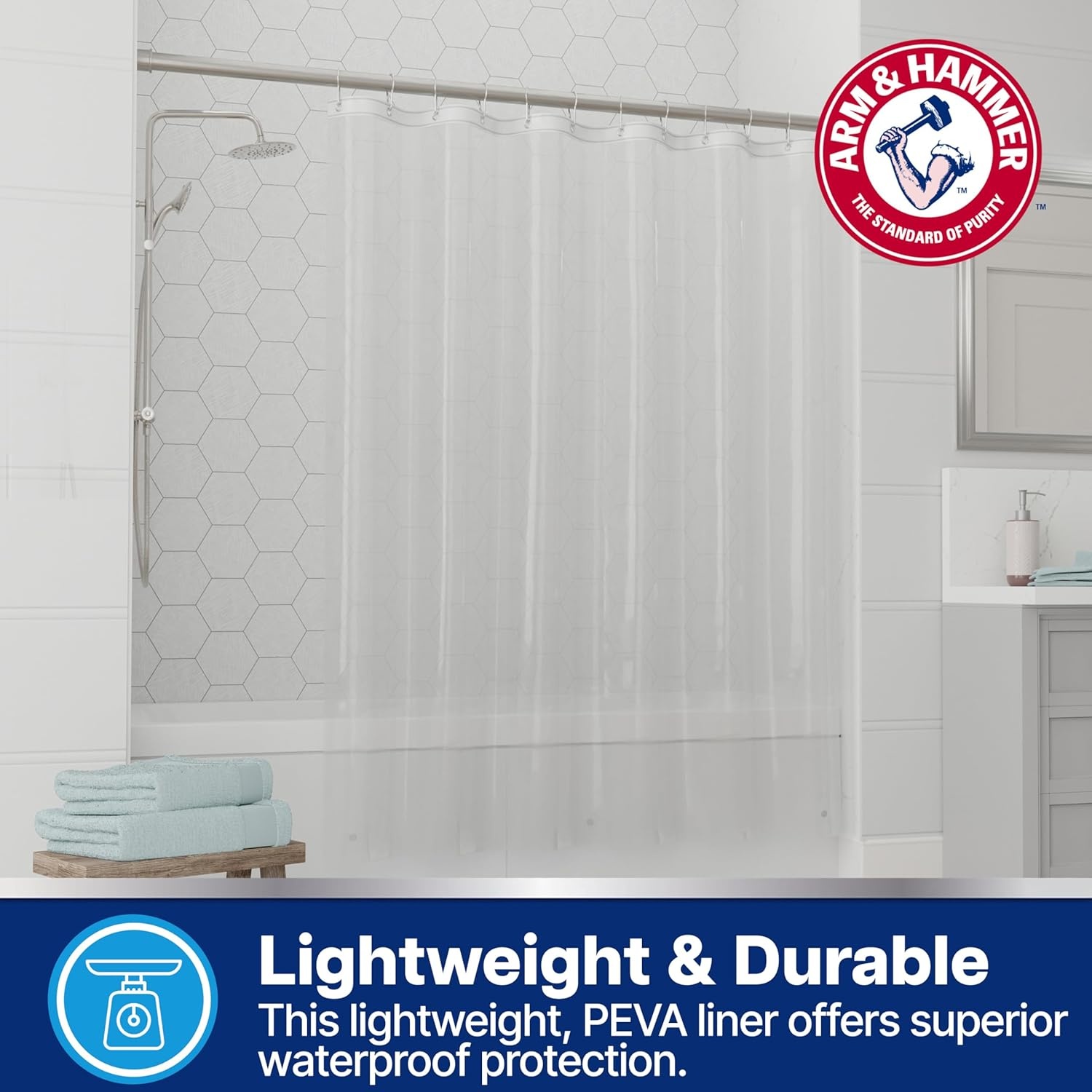 image:imageArm amp Hammer Waterproof Quick Drying Shower Liner Lightweight Design 70 x 72 FrostedClear