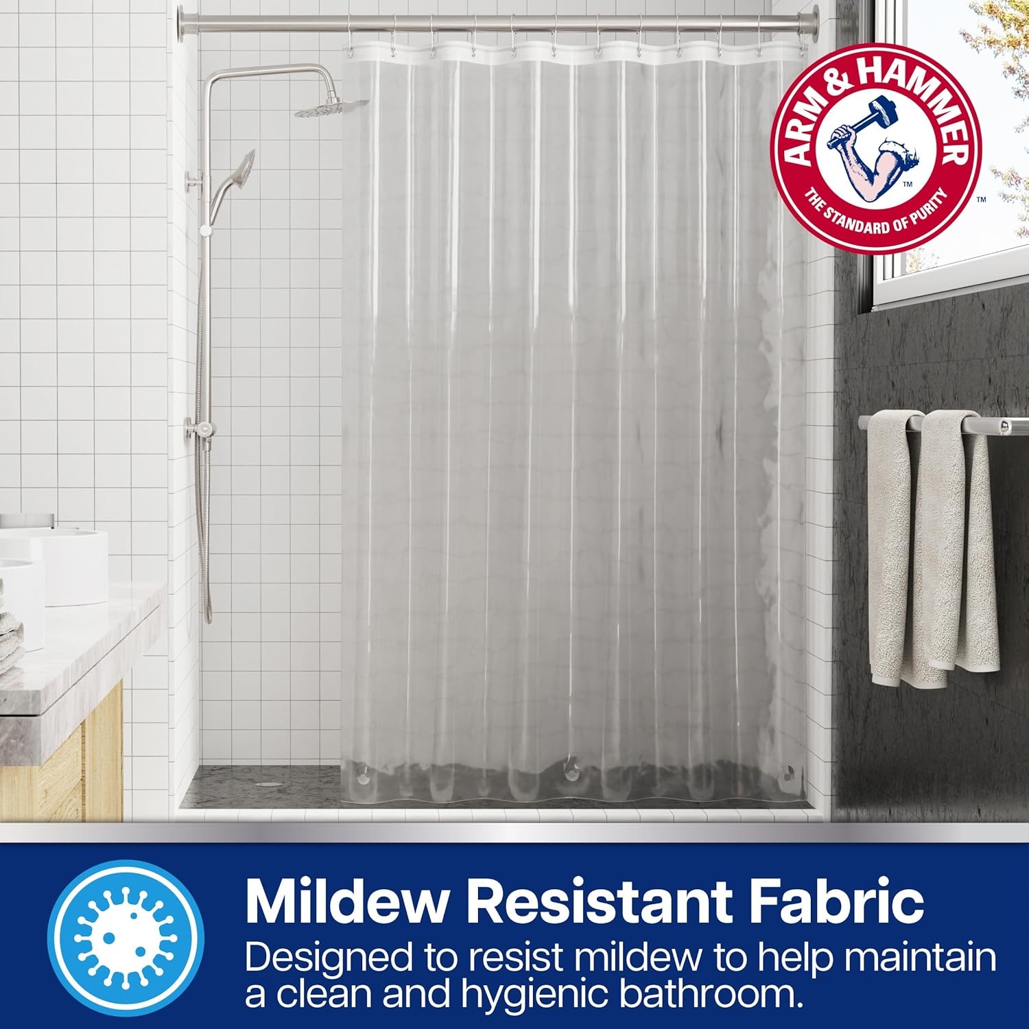 image:imageArm amp Hammer Waterproof Quick Drying Shower Liner Lightweight Design 70 x 72 FrostedClear