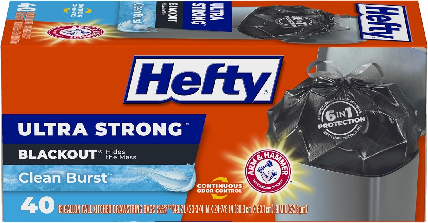image:imageHefty Ultra Strong 13 Gallon Trash Bags Black Tall Kitchen Trash Bags 13 Gallon Size Break Resistant Drawstring Enclosure Continuous Odor Control Blackout Clean Burst Scent 80 BagsClean Burst