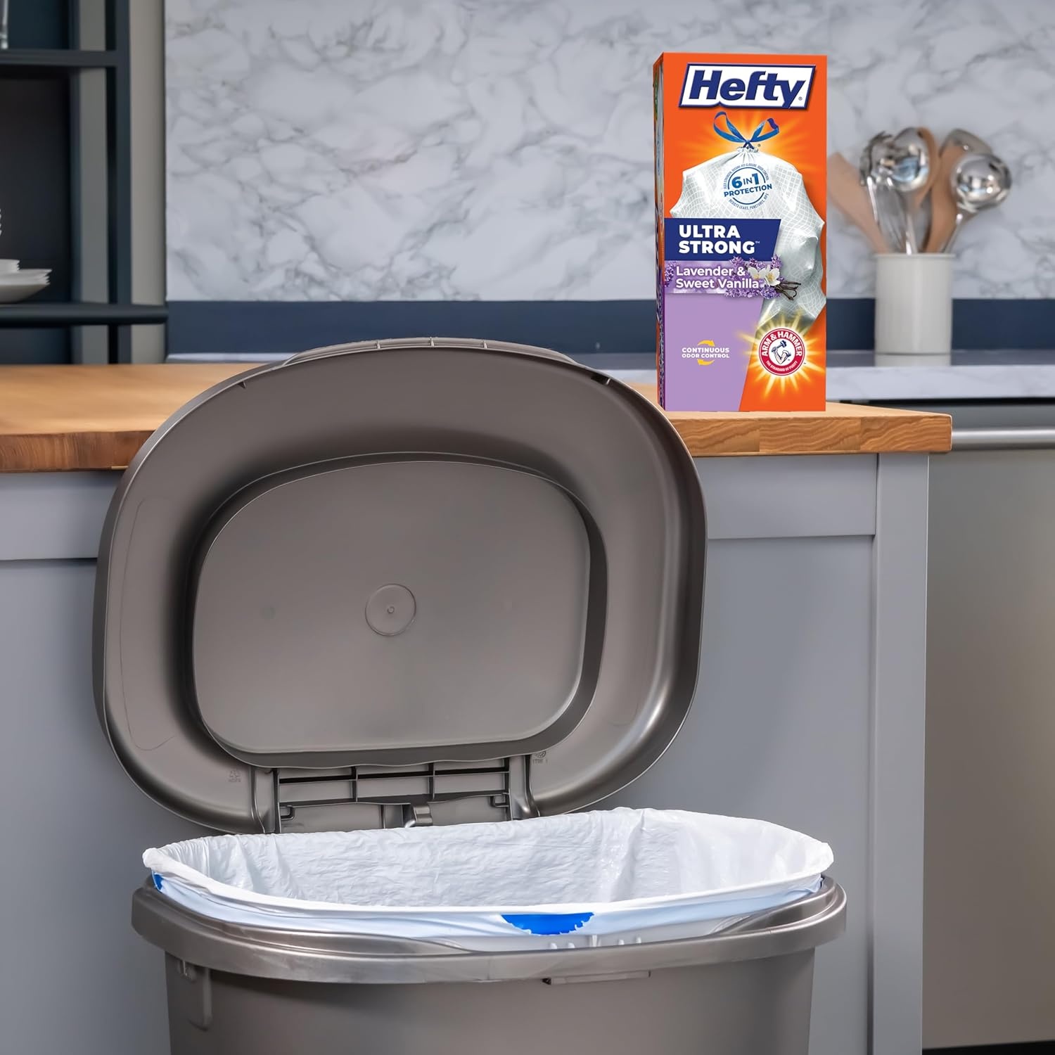 image:imageHefty Ultra Strong 13 Gallon Trash Bags Tall Kitchen Drawstring Closure Odor Control White Lavender Sweet Vanilla 80 Count40 Count Pack of 1