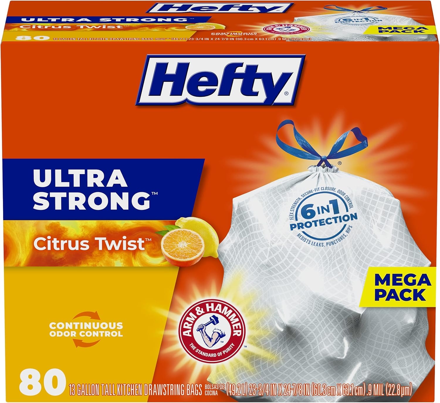 image:imageHefty Ultra Strong 13 Gallon Trash Bags Tall Kitchen Trash Bags 13 Gallon Size Drawstring Closure Continuous Odor Control White Clean Burst Scent 80 BagsCitrus Twist