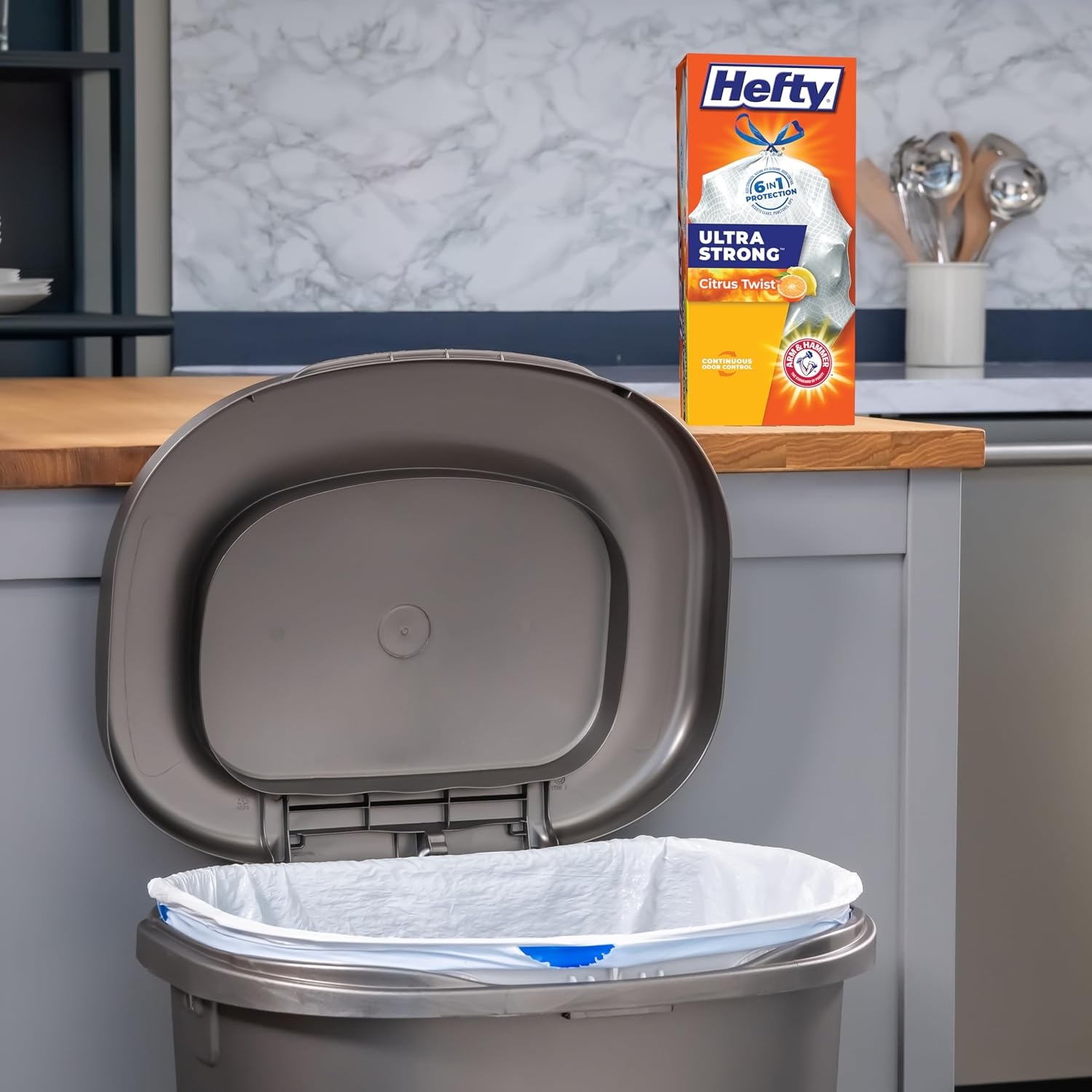 image:imageHefty Ultra Strong 13 Gallon Trash Bags Tall Kitchen Trash Bags 13 Gallon Size Drawstring Closure Continuous Odor Control White Clean Burst Scent 80 BagsCitrus Twist