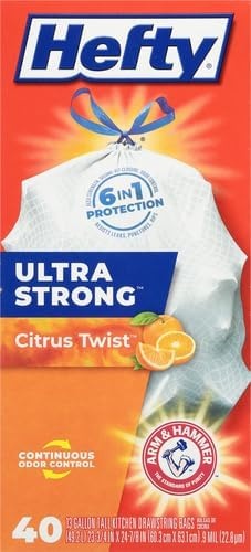 image:imageHefty Ultra Strong 13 Gallon Trash Bags Tall Kitchen Trash Bags 13 Gallon Size Drawstring Closure Continuous Odor Control White Clean Burst Scent 80 BagsCitrus Twist