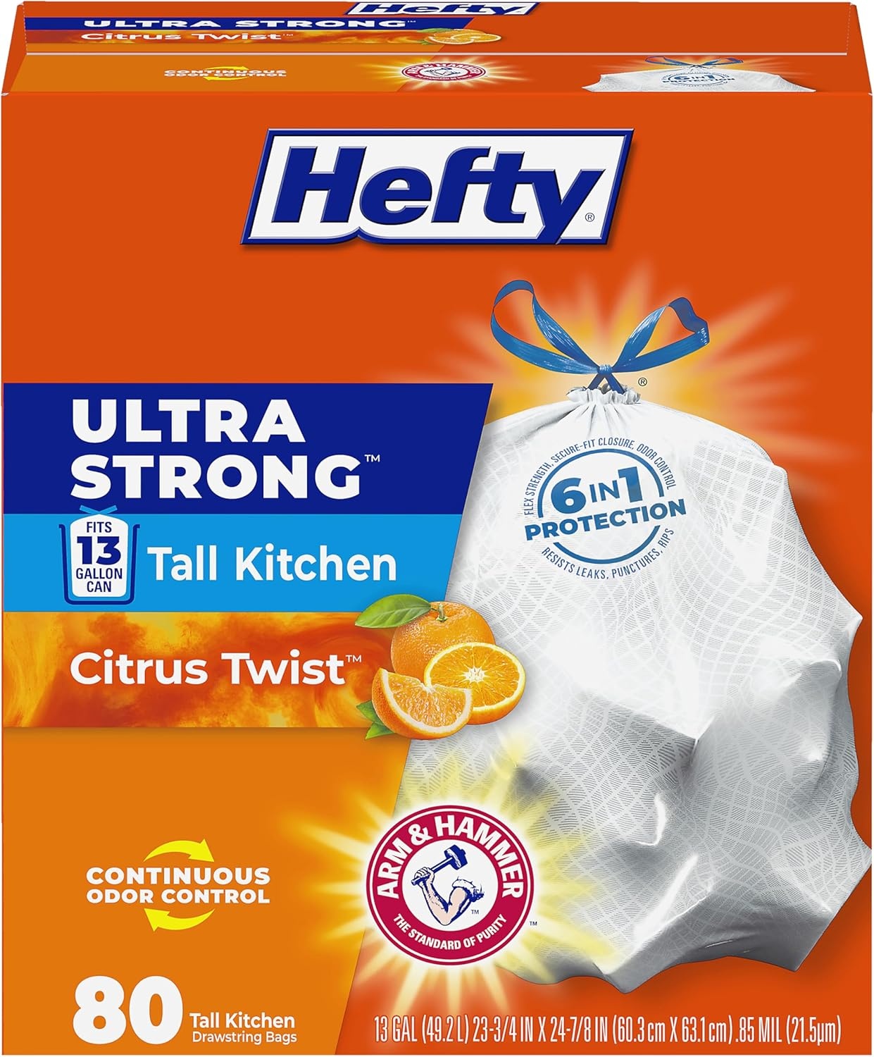 image:imageHefty Ultra Strong 13 Gallon Trash Bags Tall Kitchen Trash Bags 13 Gallon Size Drawstring Closure Continuous Odor Control White Clean Burst Scent 80 BagsCitrus Twist