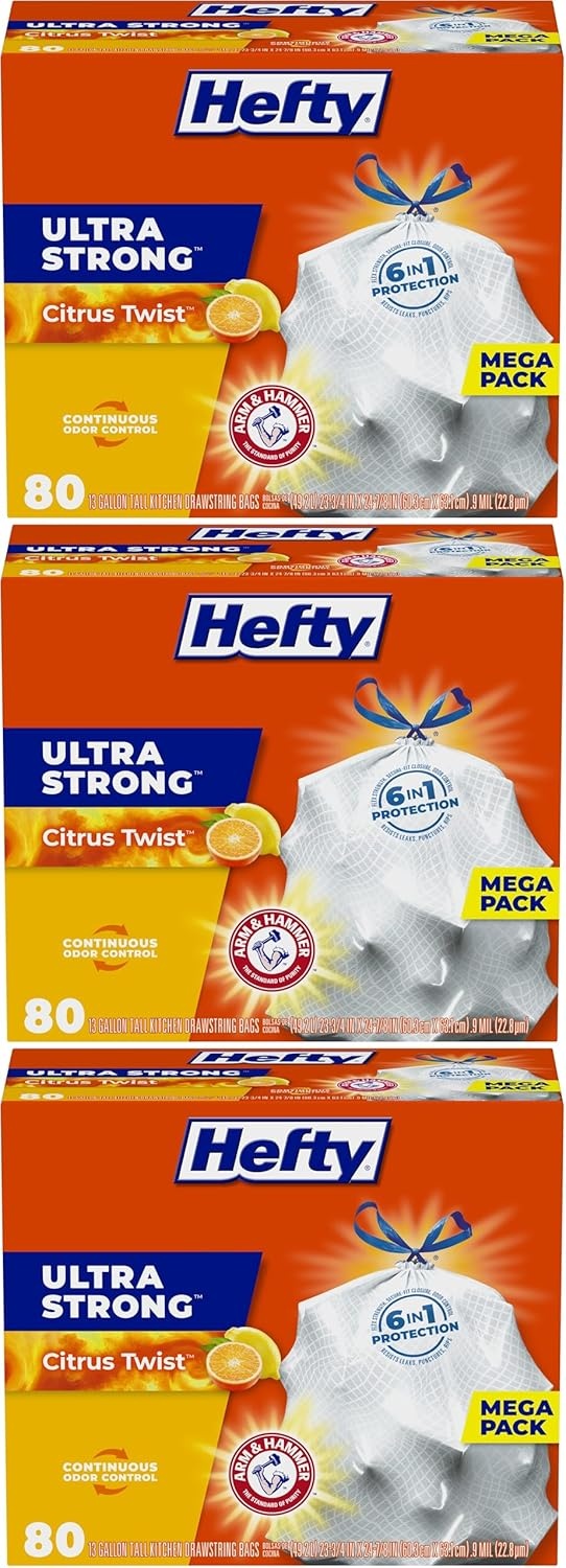 image:imageHefty Ultra Strong 13 Gallon Trash Bags Tall Kitchen Trash Bags 13 Gallon Size Drawstring Closure Continuous Odor Control White Clean Burst Scent 80 BagsCitrus Twist