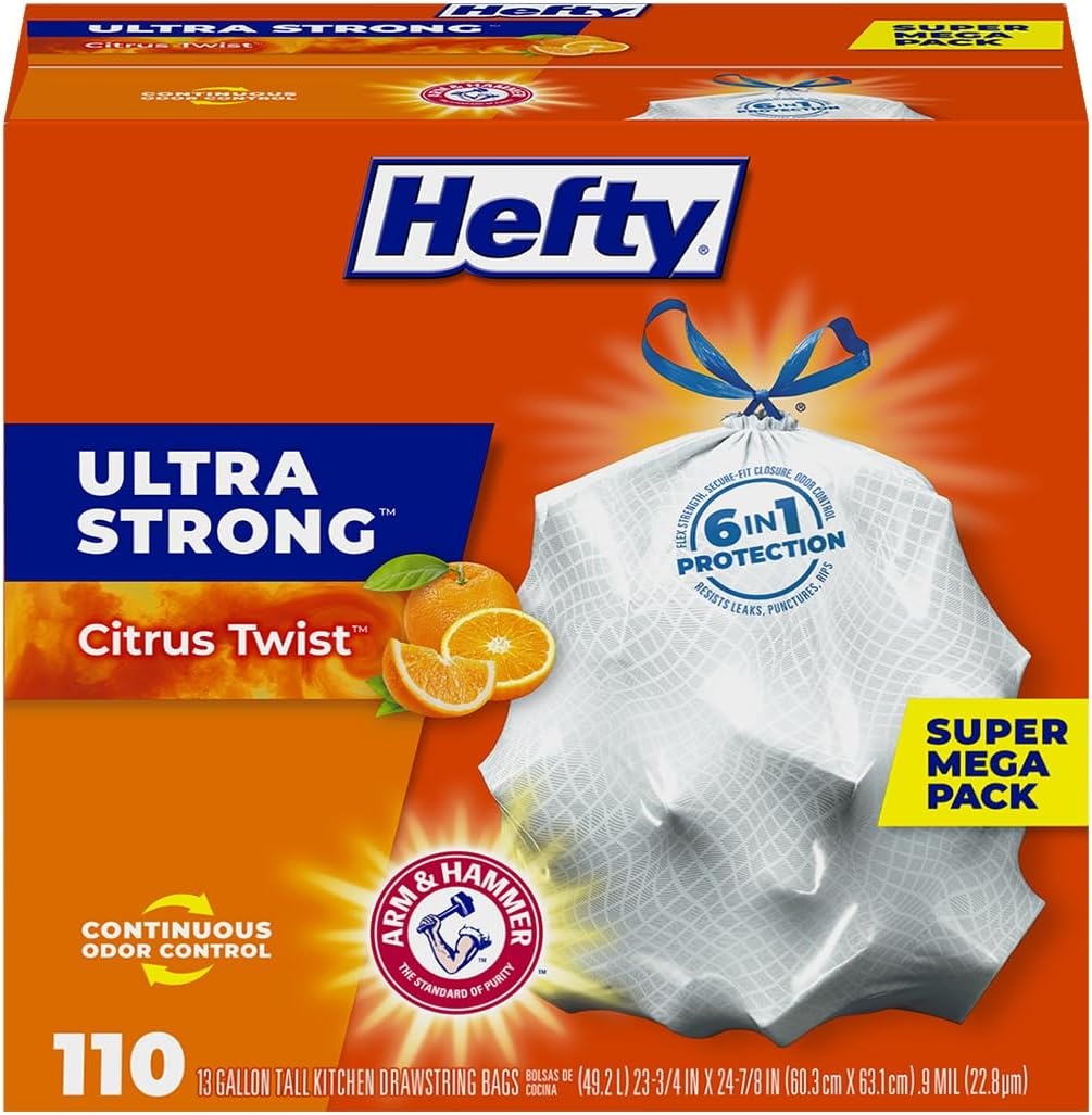 image:imageHefty Ultra Strong 13 Gallon Trash Bags Tall Kitchen Trash Bags 13 Gallon Size Drawstring Closure Continuous Odor Control White Clean Burst Scent 80 BagsCitrus Twist