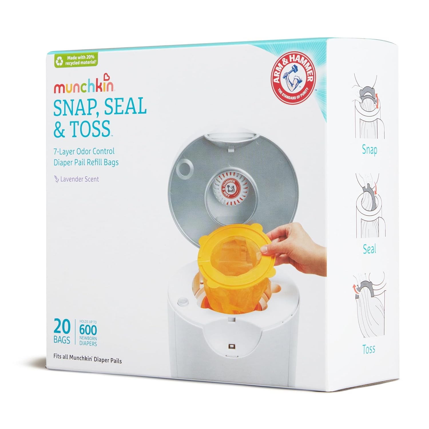 image:imageMunchkin Arm amp Hammer Diaper Pail Refill Bags Snap Seal Toss Disposable Diaper Trash Bags Lavender Scented 20 Pack Holds up to 600 Newborn Diapers20 Pack