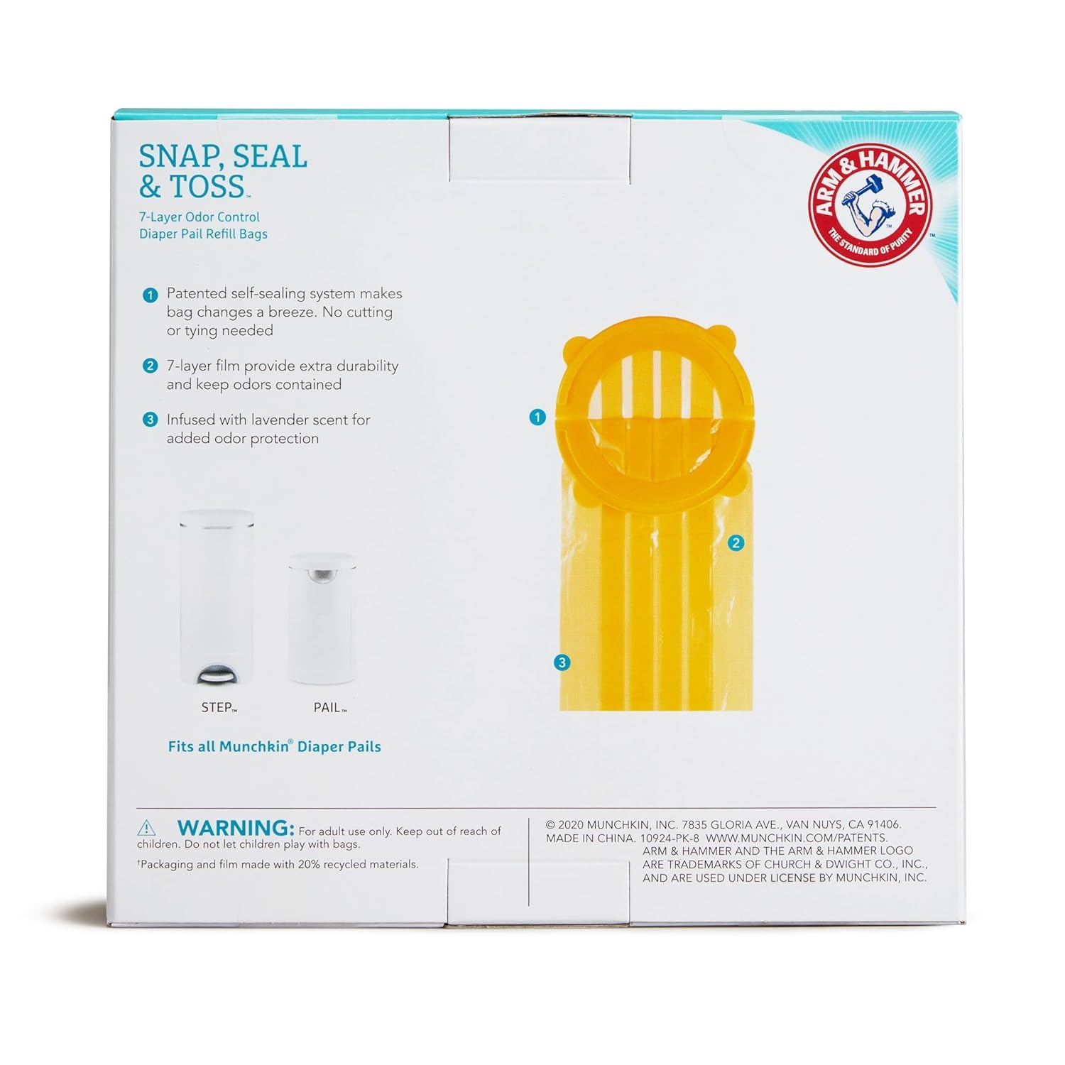 image:imageMunchkin Arm amp Hammer Diaper Pail Refill Bags Snap Seal Toss Disposable Diaper Trash Bags Lavender Scented 20 Pack Holds up to 600 Newborn Diapers20 Pack
