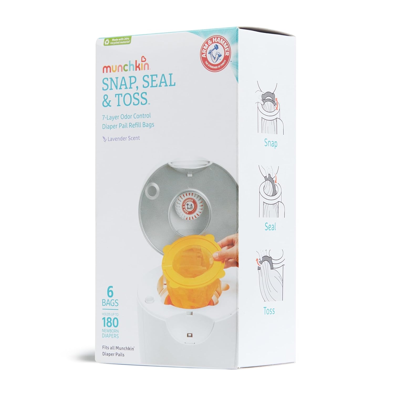 image:imageMunchkin Arm amp Hammer Diaper Pail Refill Bags Snap Seal Toss Disposable Diaper Trash Bags Lavender Scented 20 Pack Holds up to 600 Newborn Diapers6 Pack