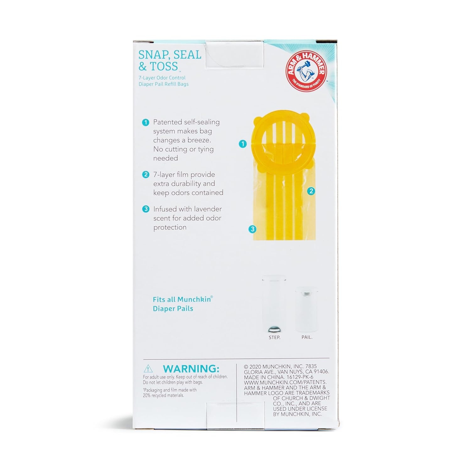 image:imageMunchkin Arm amp Hammer Diaper Pail Refill Bags Snap Seal Toss Disposable Diaper Trash Bags Lavender Scented 20 Pack Holds up to 600 Newborn Diapers6 Pack