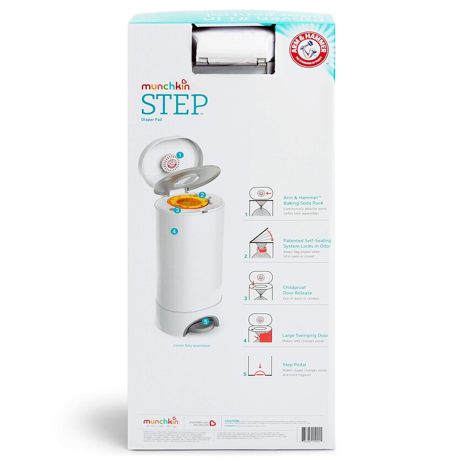 image:imageMunchkin STEP Diaper Pail Powered by Arm amp Hammer 1 in Odor Control AwardWinning Includes 1 Snap Seal amp Toss Bag 1 Starter Refill Ring and 1 PUCK Baking Soda CartridgeDiaper Pail