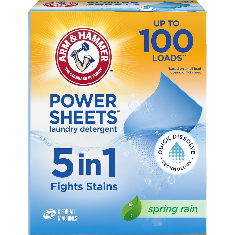 image:imageARM amp HAMMER 5in1 Power Sheets Laundry Detergent Free amp Clear 50 Count up to 100 Small LoadsSpring Rain