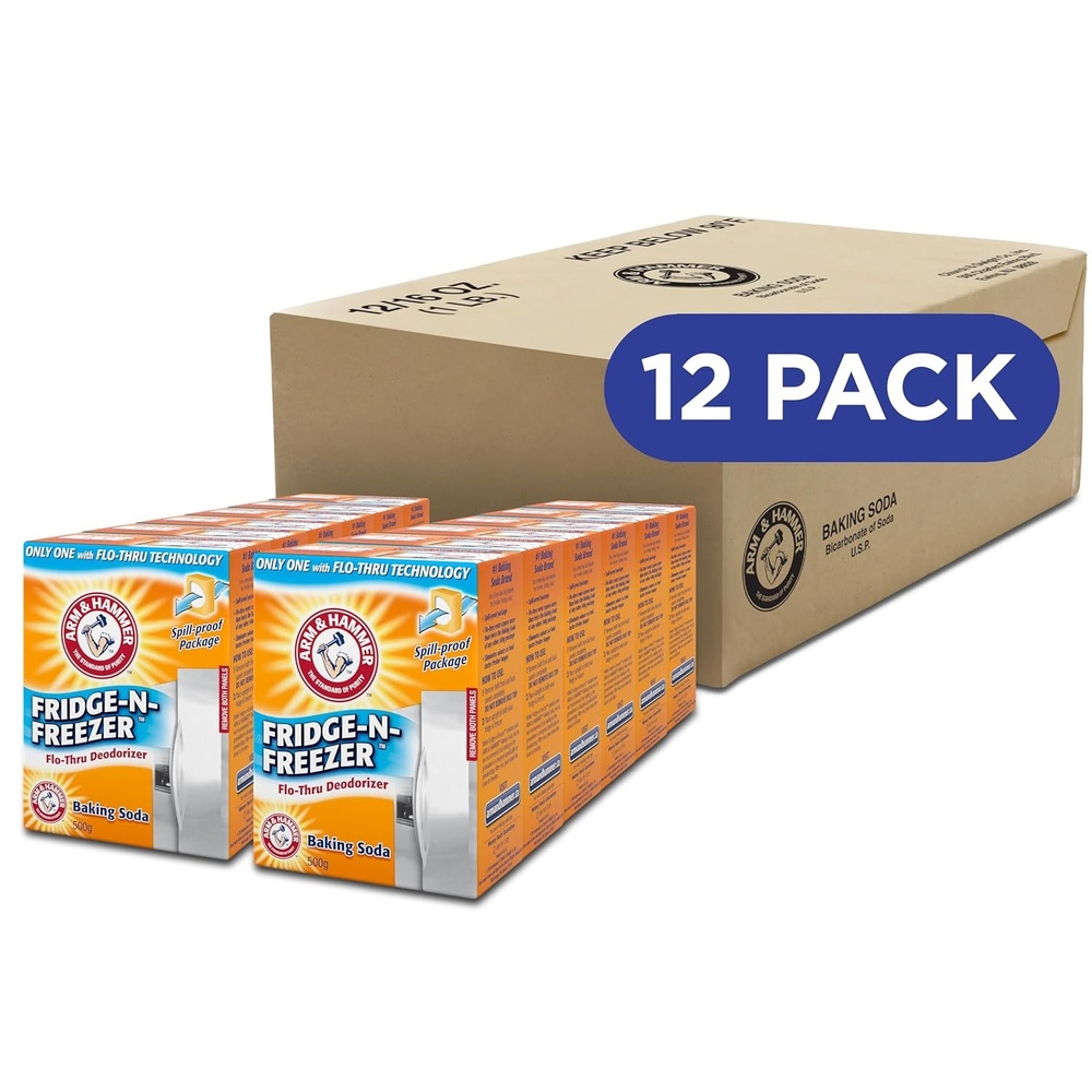 image:imageARM amp HAMMER FridgenFreezer Baking Soda Odor Absorber Helps Keep Food Tasting Fresh LongLasting Natural amp Unscented Deodorizer for Kitchen amp Home 14 Oz 12 Pack14 Ounce Pack of 12
