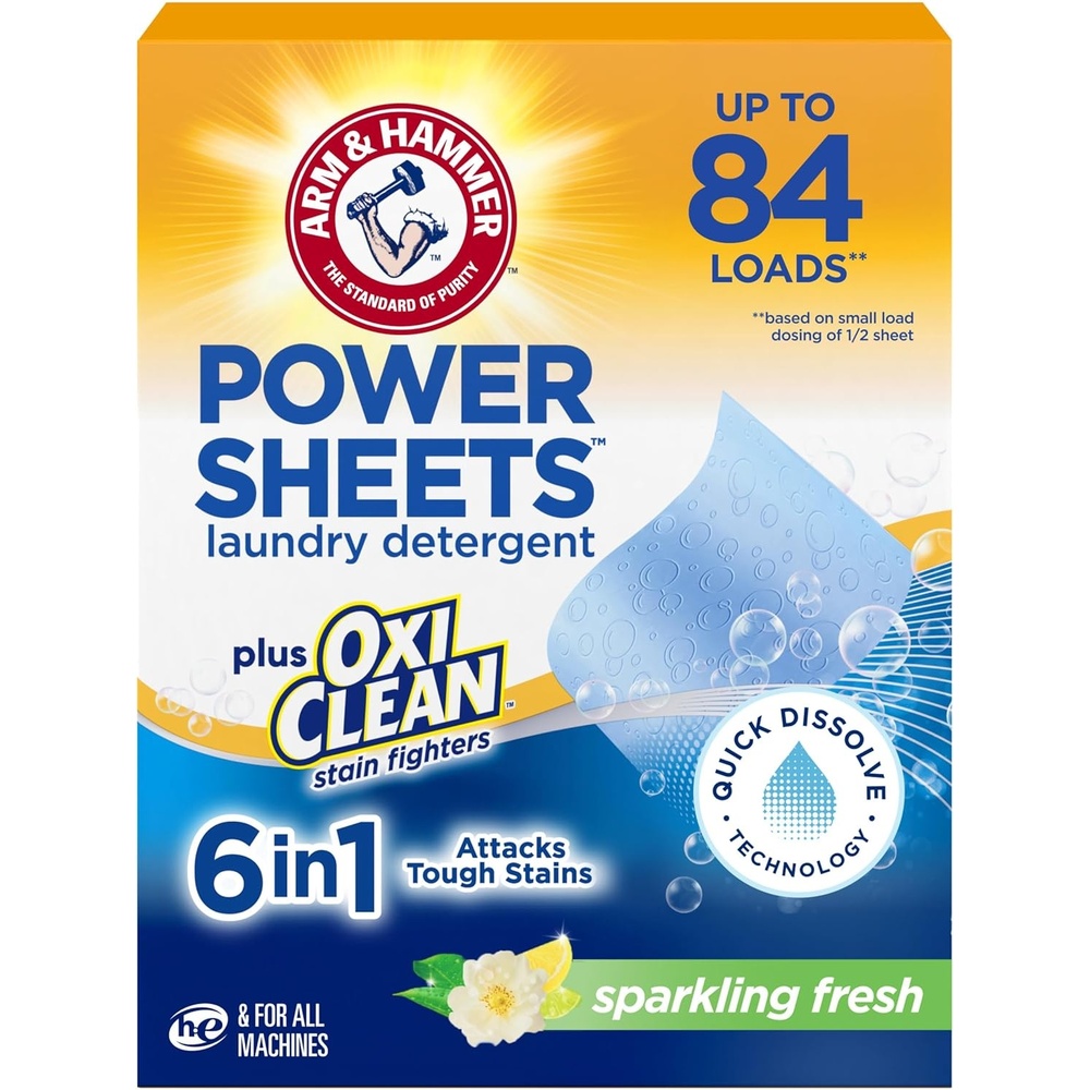 image:imageARM amp HAMMER Power Sheets Laundry Detergent Plus OxiClean Stain Fighters 6in1 Sparkling Fresh Scent 42 Count 84 Medium Loads