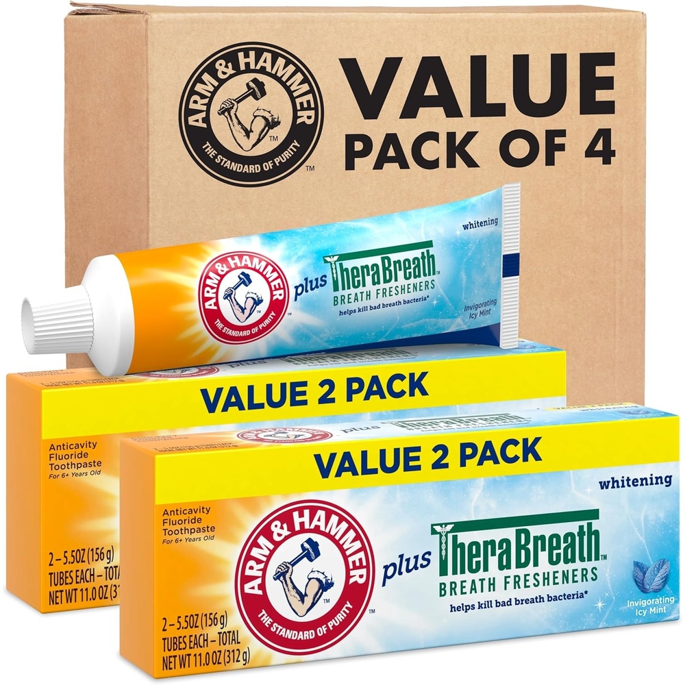 image:imageARM amp Hammer Toothpaste Plus TheraBreath Breath Fresheners ICY Mint Flavor Teeth Whitening Toothpaste Anticavity Fluoride for Bad Breath 55 Oz Pack of 255 Ounce Pack of 4