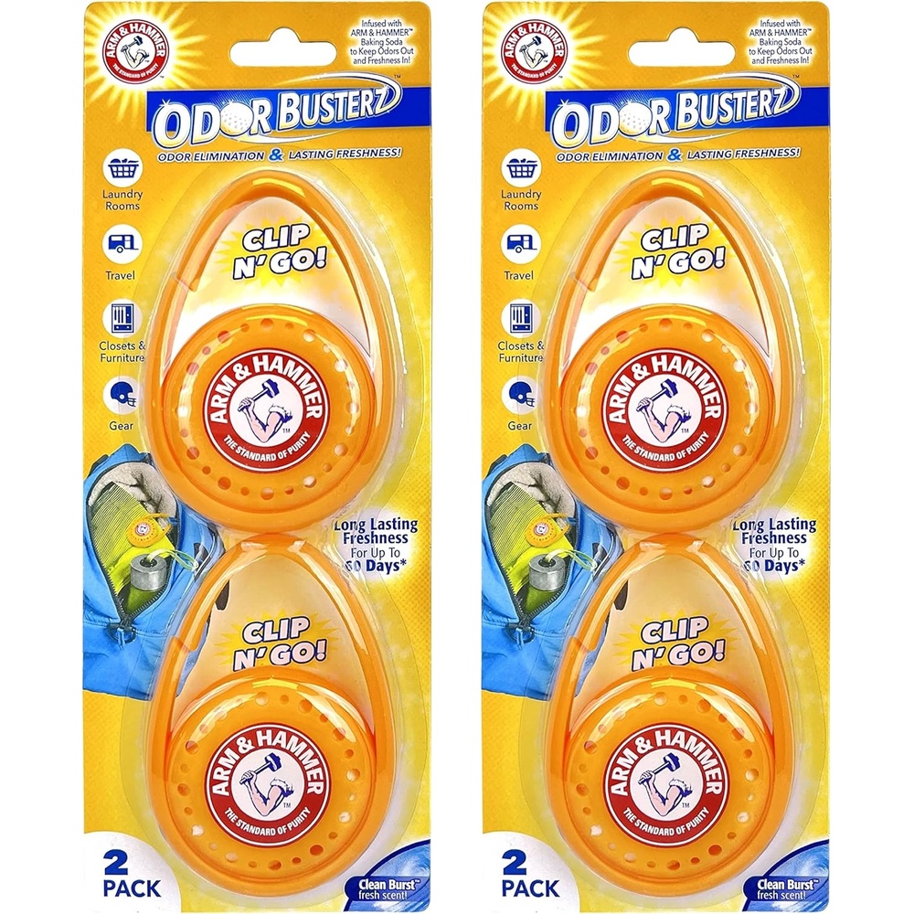 image:imageArm amp Hammer OdorBusterz ClipMATE Clean Burst 4 Count ClipOn Odor Absorber with Baking Soda Carabiner Clip for Gym Bags Backpacks amp Travel Gear2 Count Pack of 2