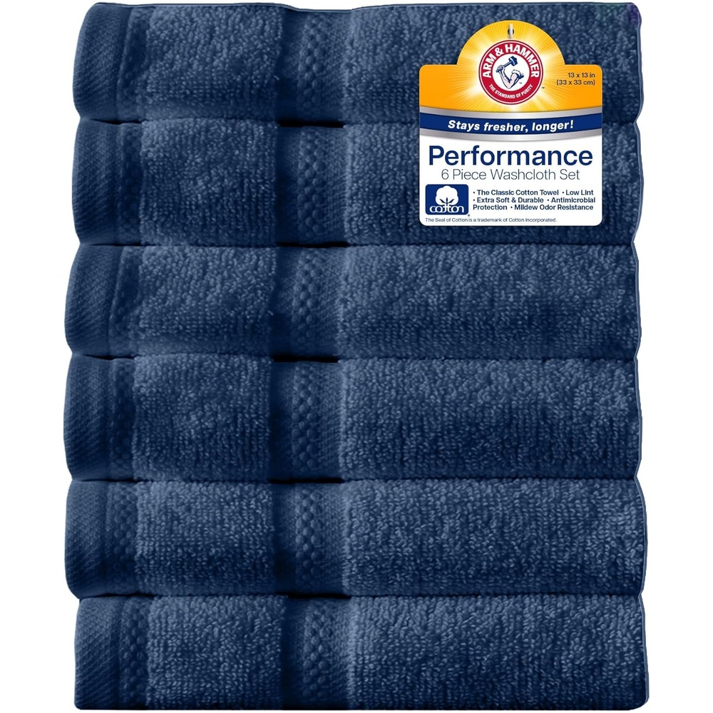 image:imageArm amp Hammer Performance Towel Washcloth Set 6 Piece KhakiDark Blue