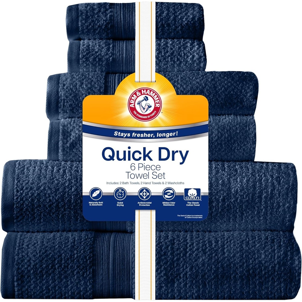 image:imageArm amp Hammer Quick Dry Bath Towel Set 6 Piece GreyDark Blue