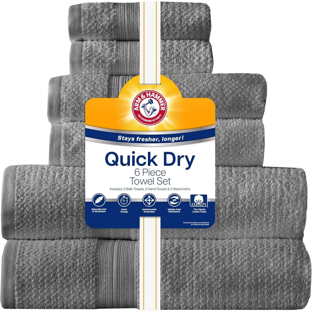 image:imageArm amp Hammer Quick Dry Bath Towel Set 6 Piece GreyGrey