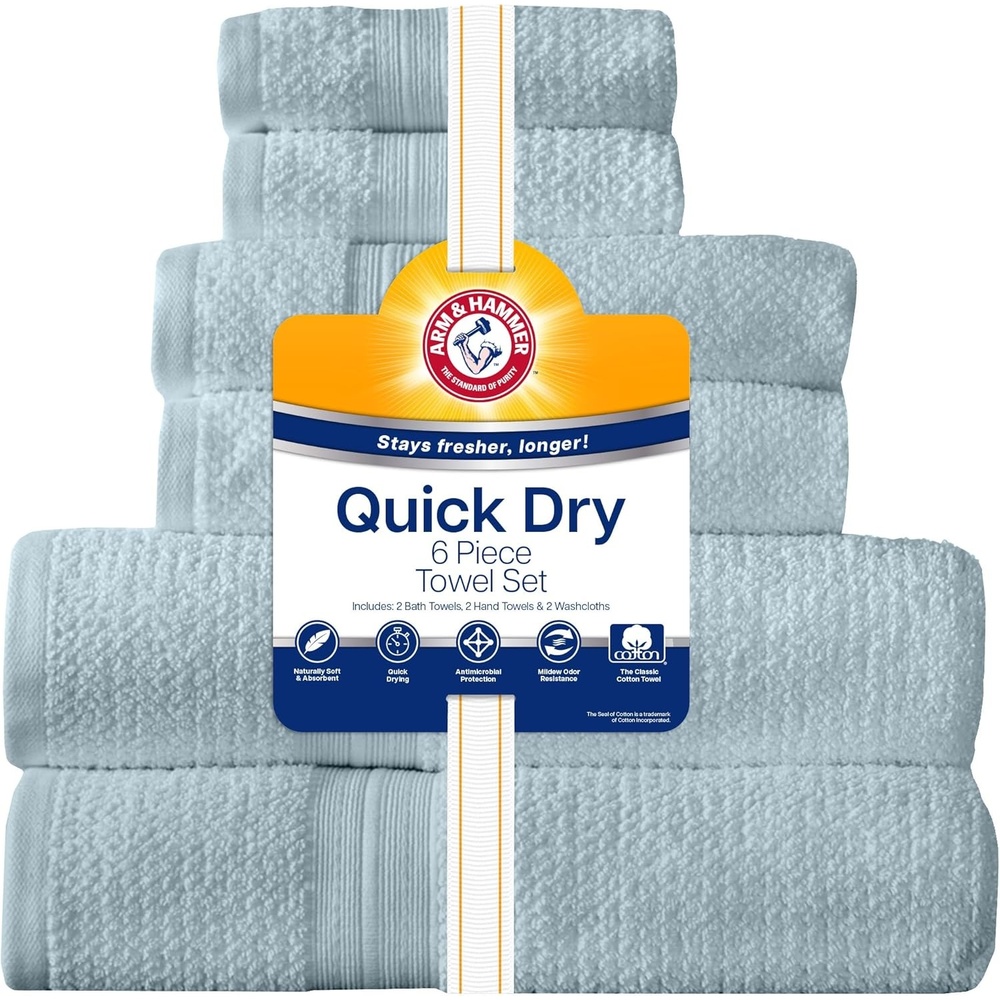 image:imageArm amp Hammer Quick Dry Bath Towel Set 6 Piece GreyLight Blue